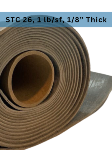 Roll of Wall Blokker soundproofing membrane labelled STC 26, 1 lb per square foot and 1/8 inch thick