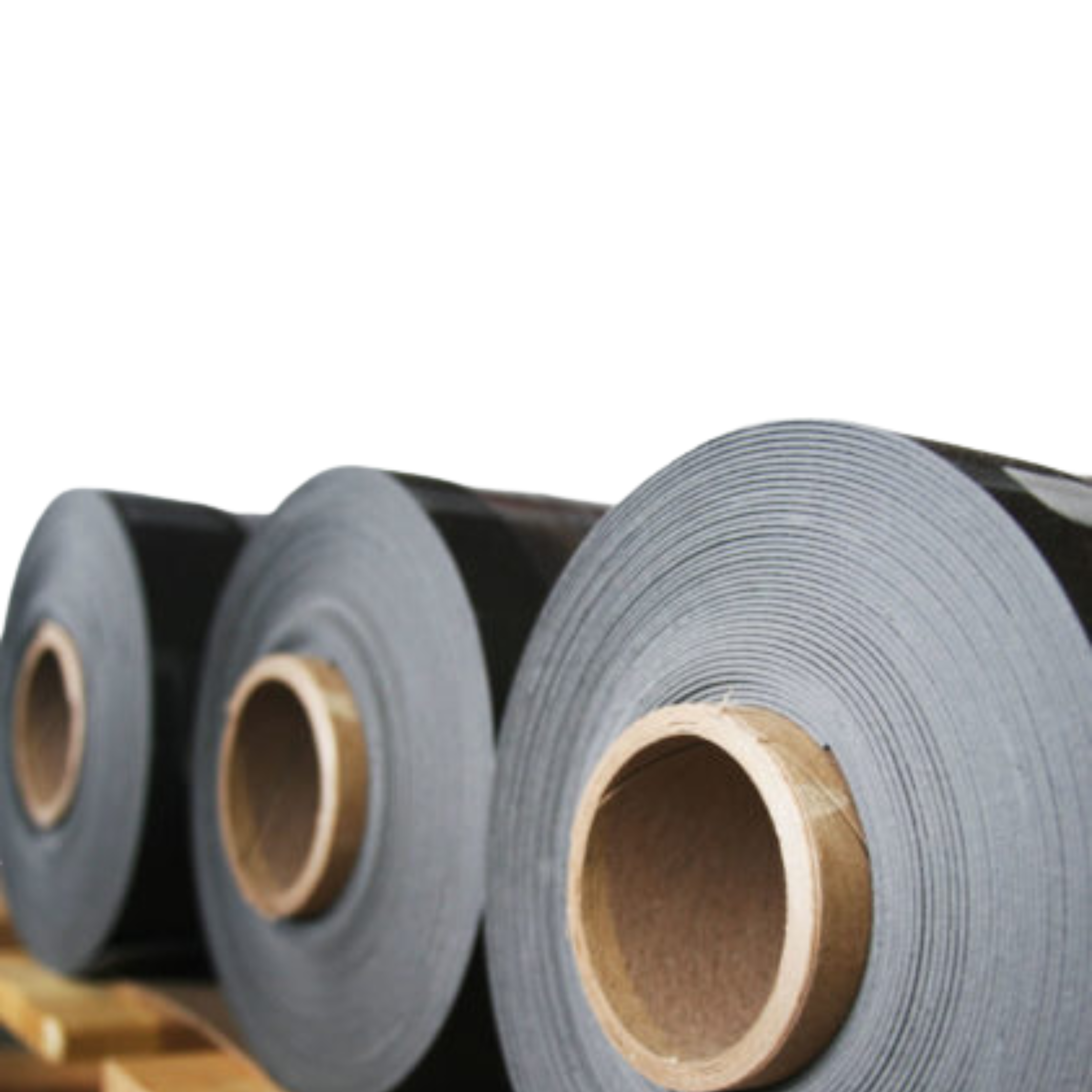 Rolls of grey mass loaded vinyl sound barrier stacked on a pallet