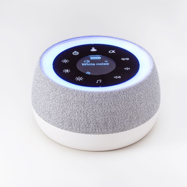 White noise machine with a lit touch control panel
