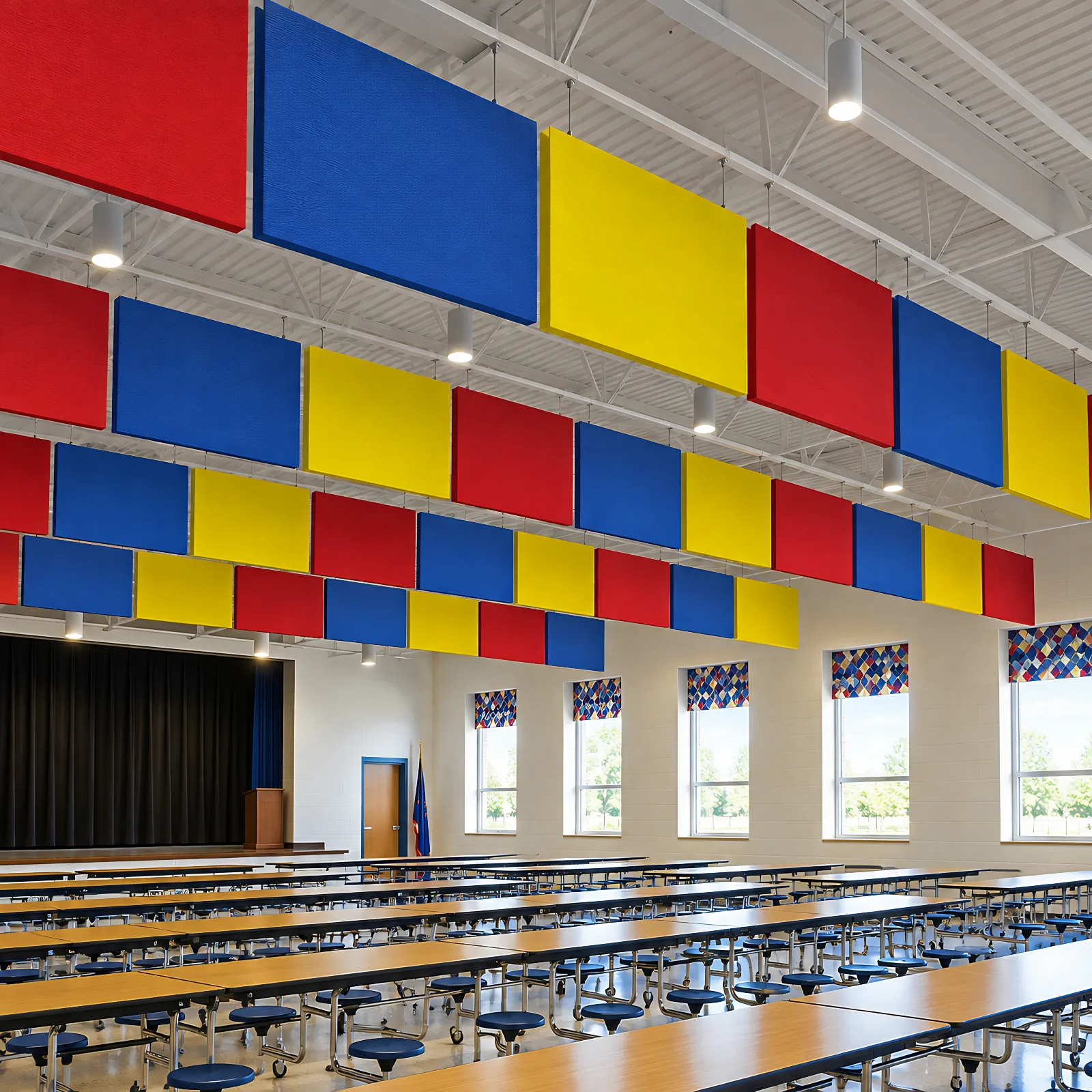 Red, blue and yellow acoustic ceiling baffles hanging in rows above a school cafeteria