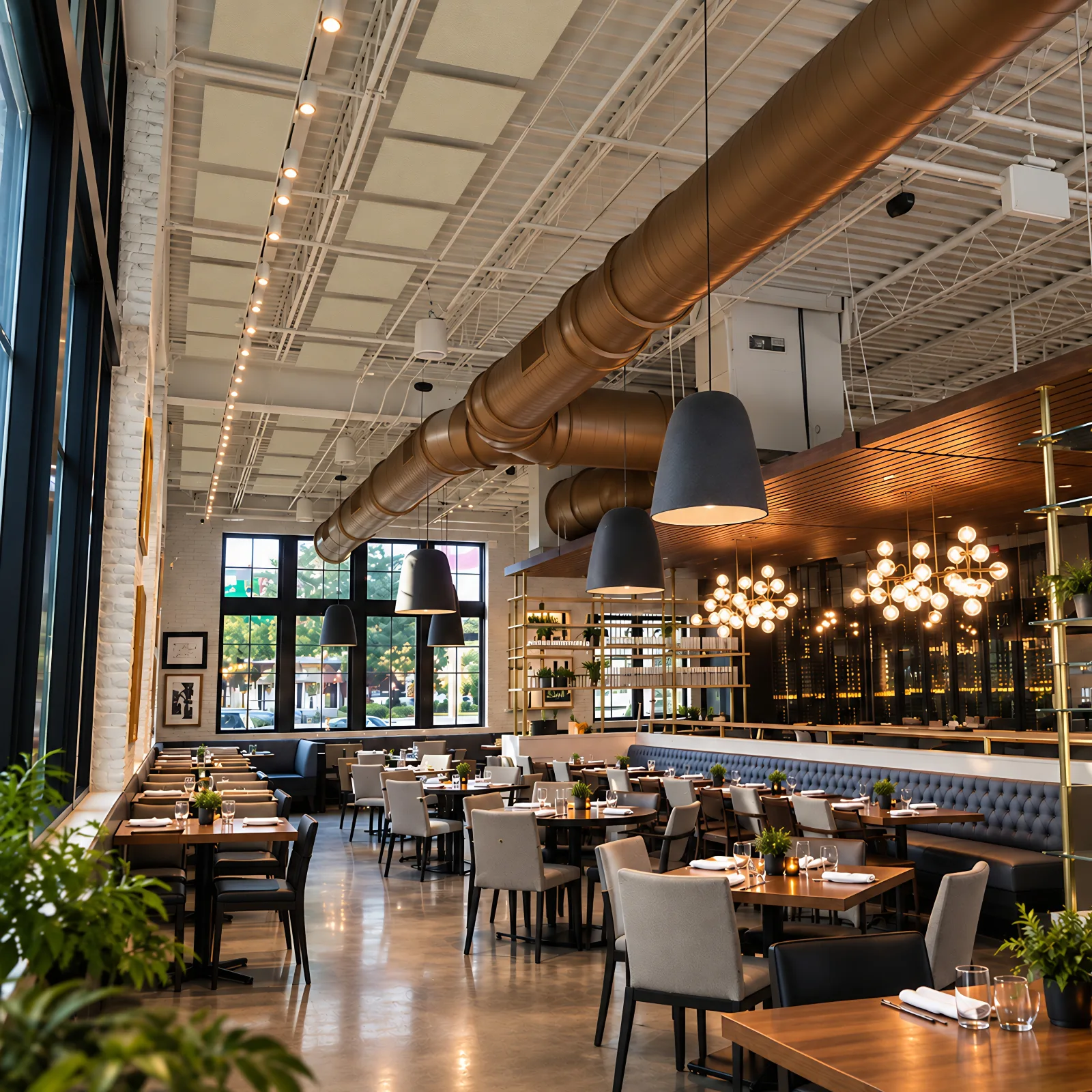 Acoustic panels for ceiling in Ambience cream mounted in rows across a high restaurant ceiling with exposed ductwork