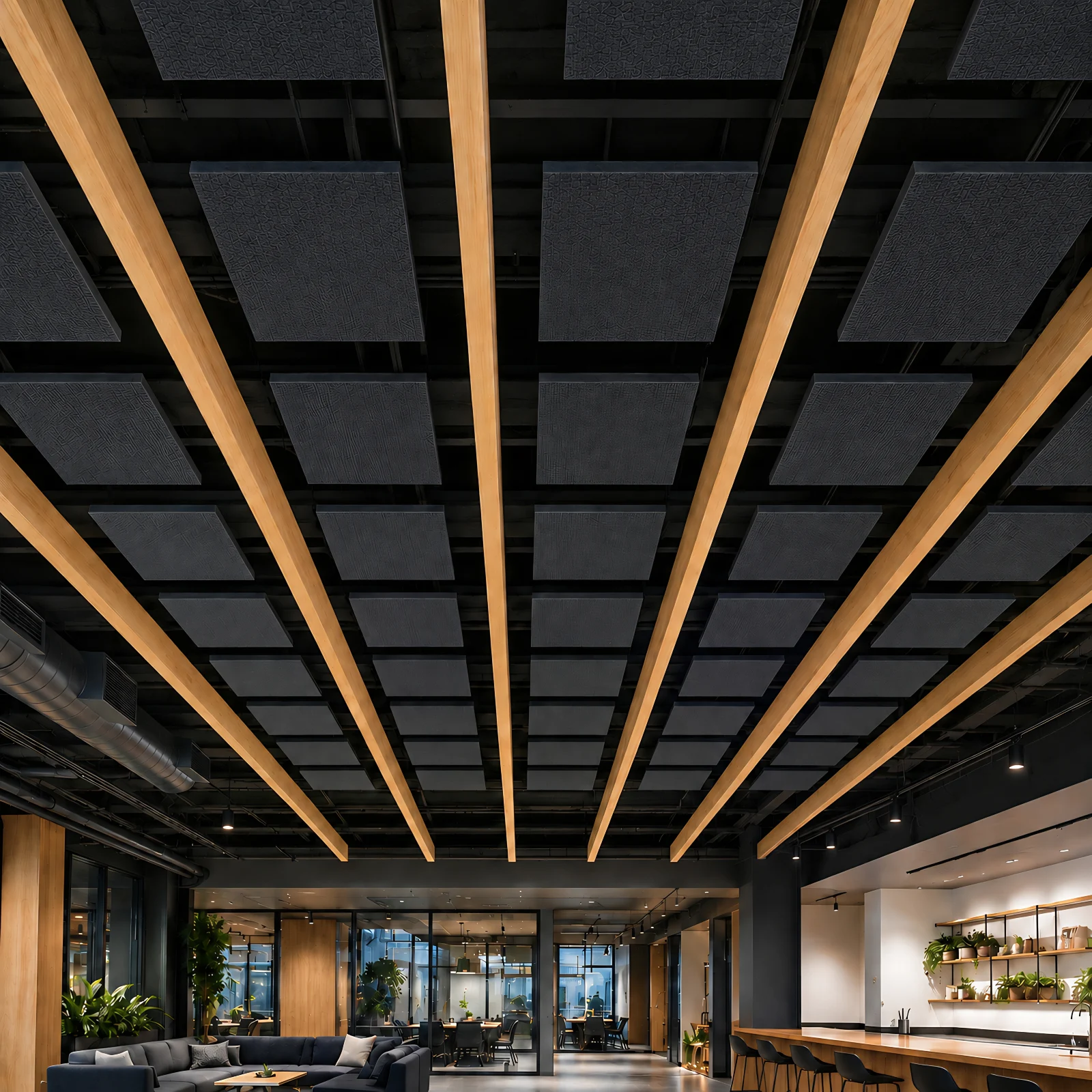 Acoustic ceiling cloud panels in Shadow black suspended between timber beams in an open-plan office