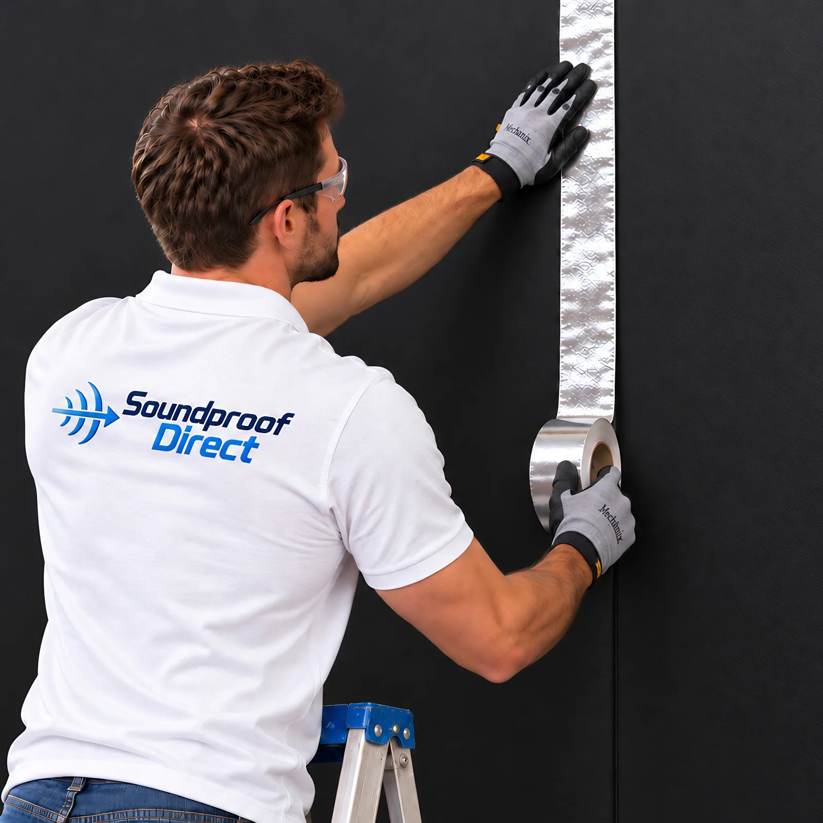 Installer applying aluminum seam seal tape over a vertical seam in a mass loaded vinyl wall