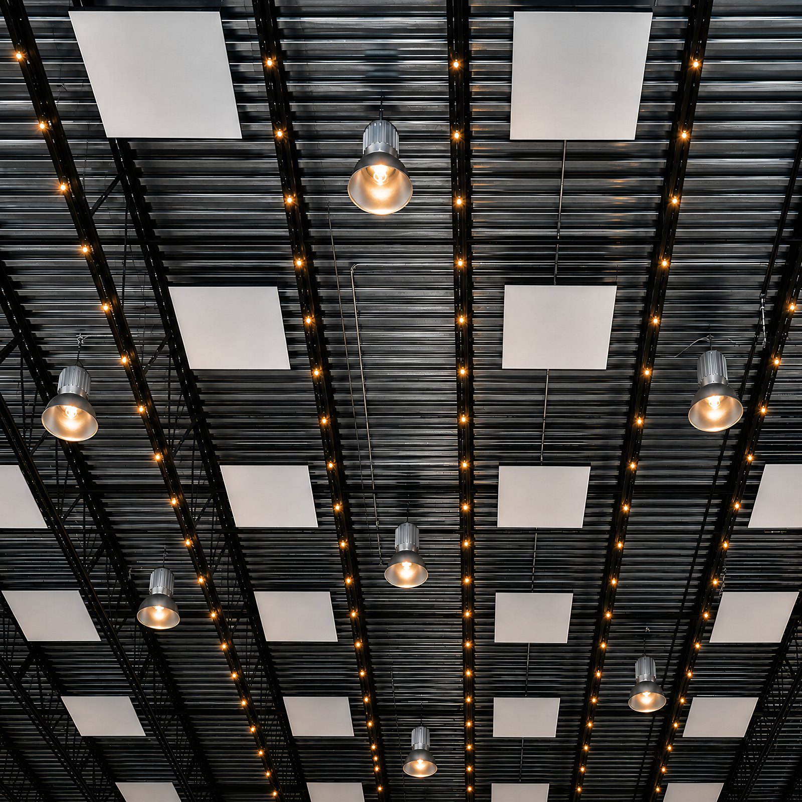 Acoustic ceiling clouds installed below an open steel deck