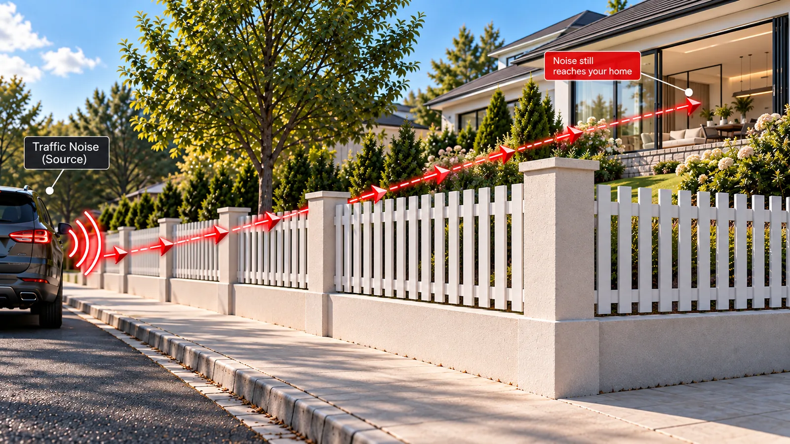 Traffic noise from a car passing over a low picket fence and through shrubs and trees to reach a house, showing plantings do little to block road noise