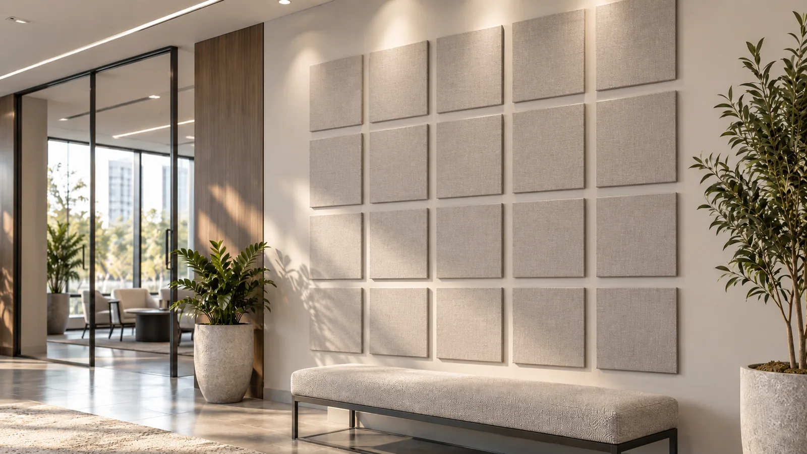 Grid of fabric-wrapped fiberglass acoustic wall panels on a sunlit office lobby wall above a bench