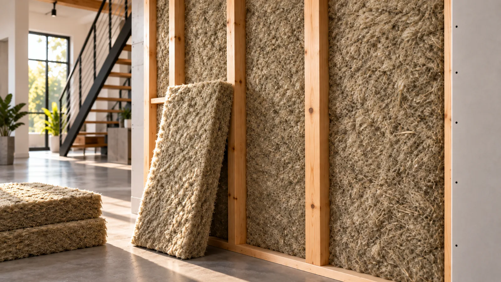 Natural hemp fiber insulation batts installed between wood studs, with a stack of spare batts on the floor