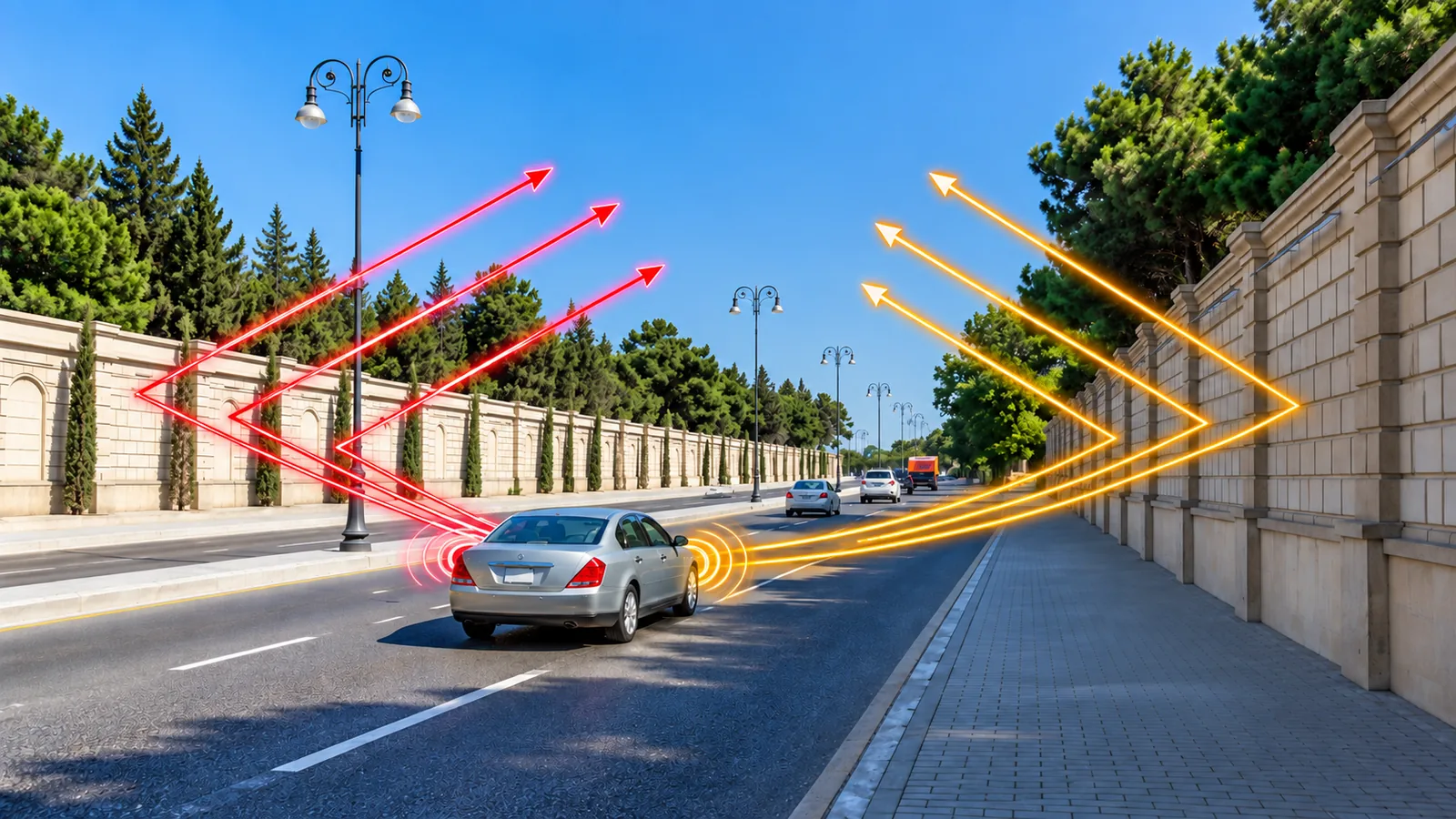 Traffic noise from a car reflecting off tall masonry walls on both sides of a road, bouncing back and forth and escaping over the top of the walls