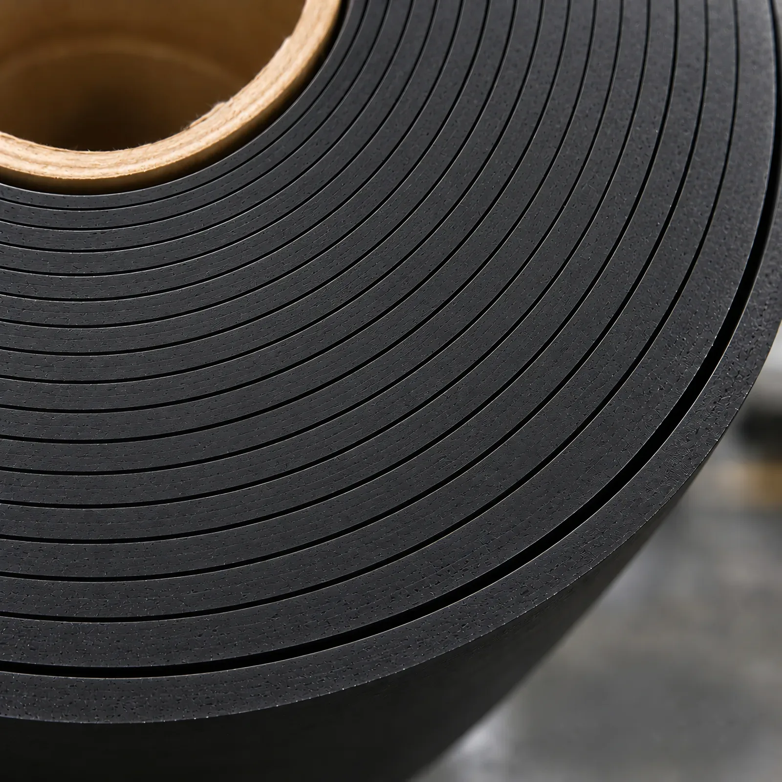 Close-up of a mass loaded vinyl roll end showing the tightly wound MLV layers around a cardboard core