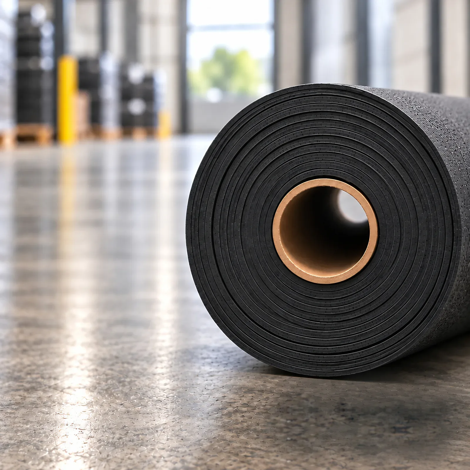 Roll of MLV sound barrier lying on a polished concrete warehouse floor