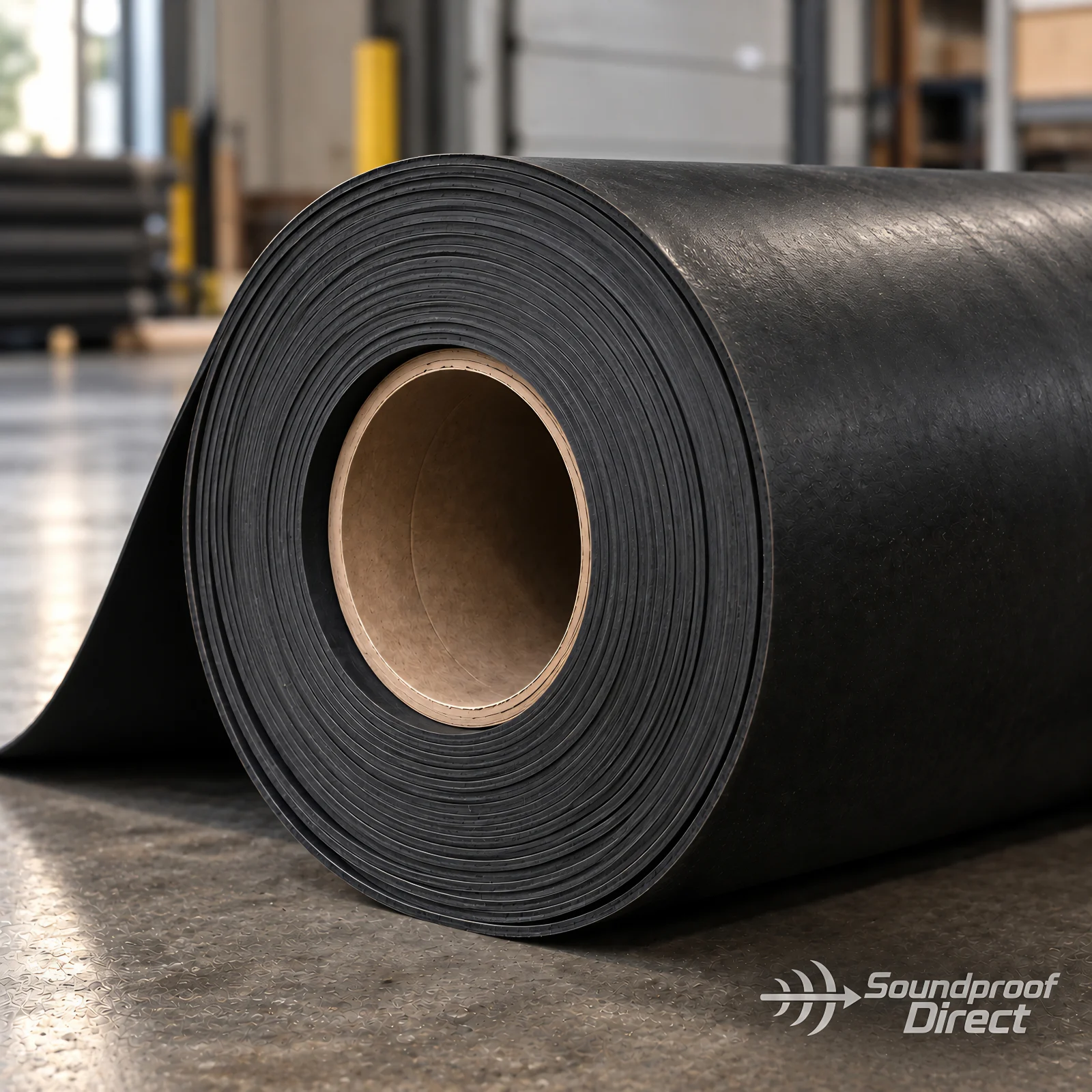 Roll of mass loaded vinyl partly unrolled on a warehouse floor, showing the flexible black sheet
