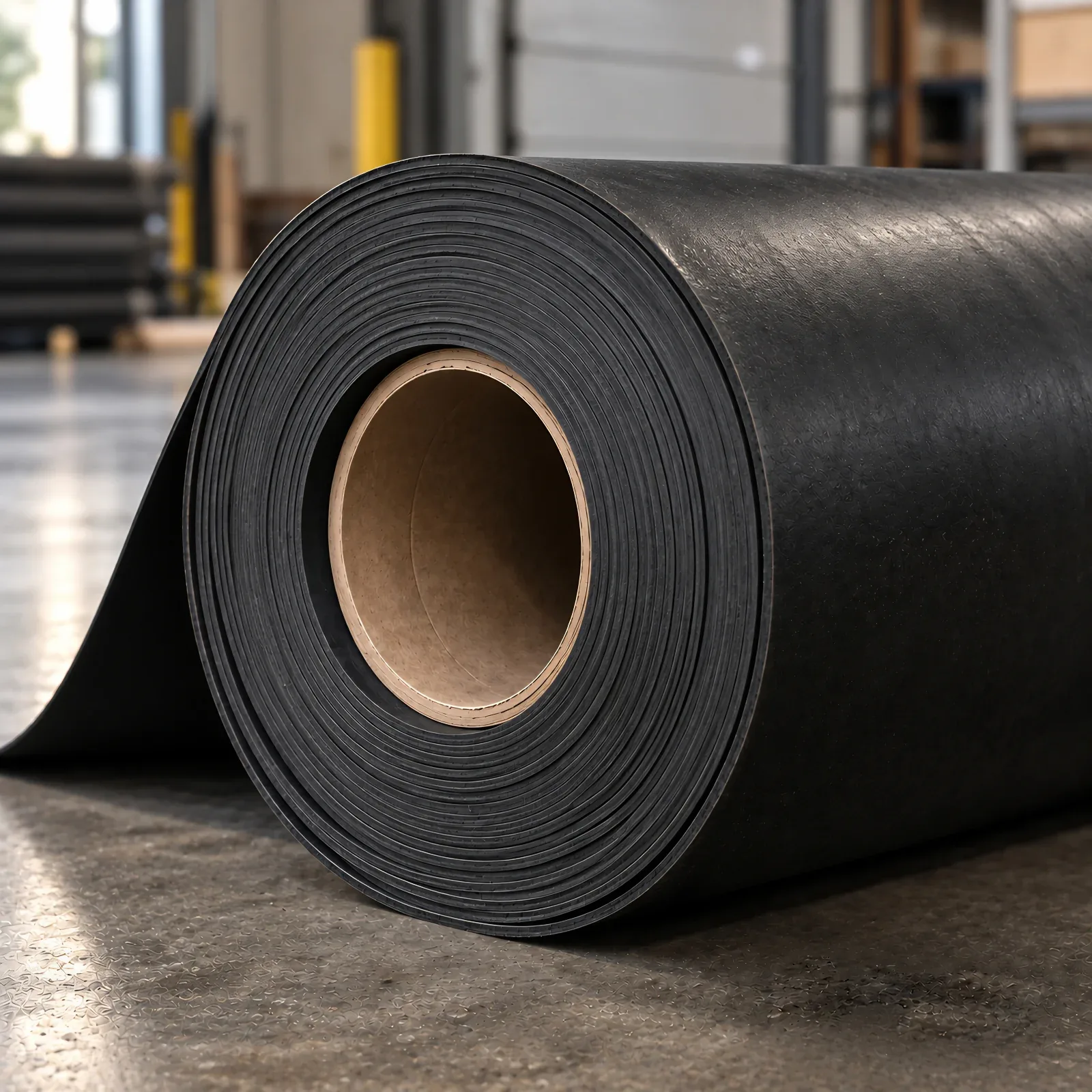 Roll of mass loaded vinyl partly unrolled on a warehouse floor, showing the flexible black sheet
