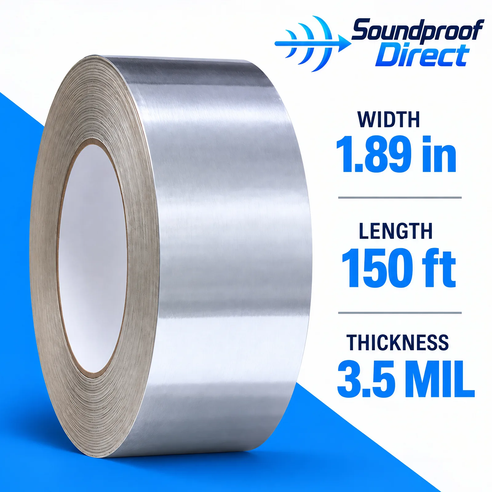 MLV seam tape specs: 1.89 inch wide, 150 foot long roll, 3.5 mil thick