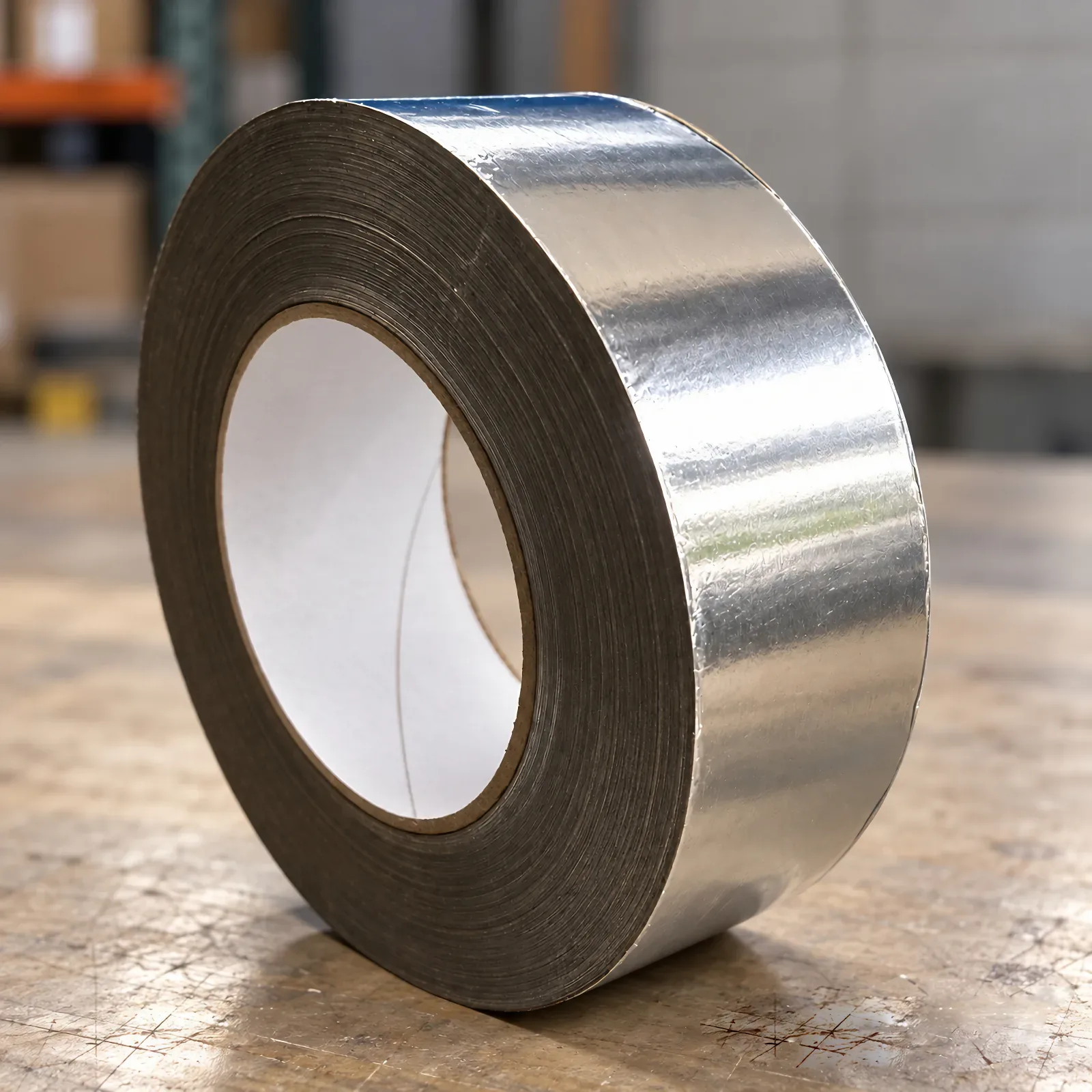 Roll of MLV seam tape with an aluminum foil backing standing on a wood workbench