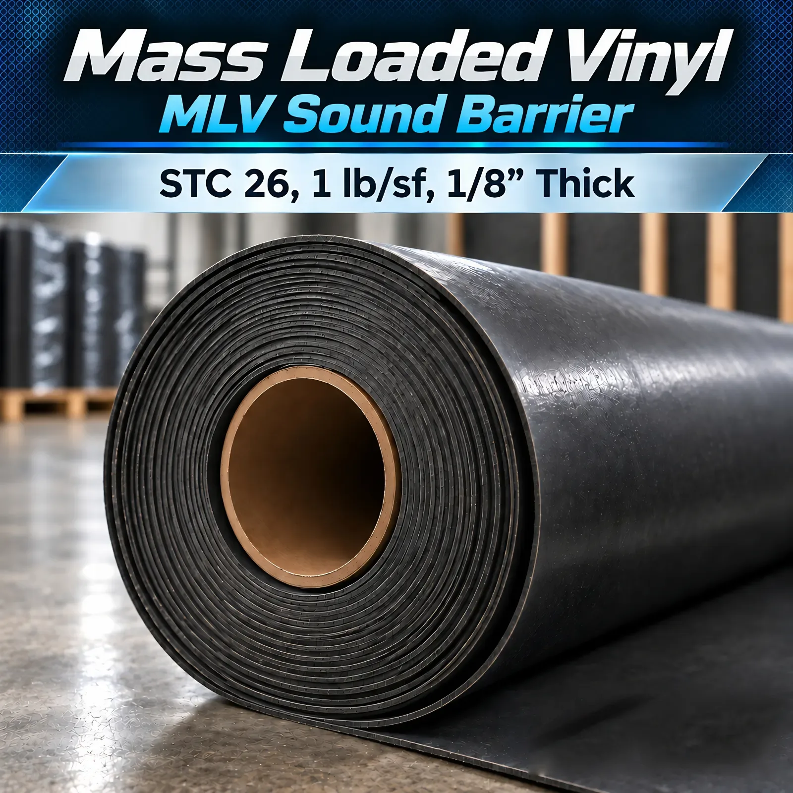 Mass loaded vinyl MLV sound barrier roll labelled STC 26, 1 lb per square foot and 1/8 inch thick