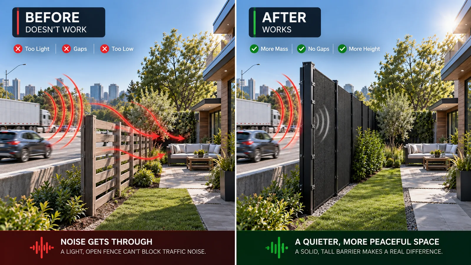 Before and after: highway noise passes through a gappy wooden slat fence into a backyard patio, then a tall, solid sound barrier fence with no gaps blocks it