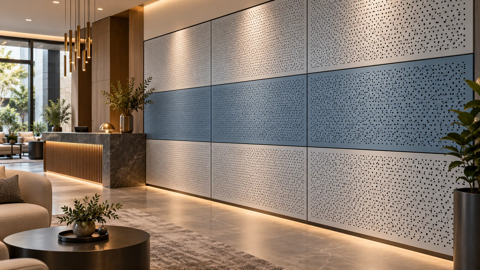 Perforated metal acoustic wall panels in white and blue behind a hotel reception desk