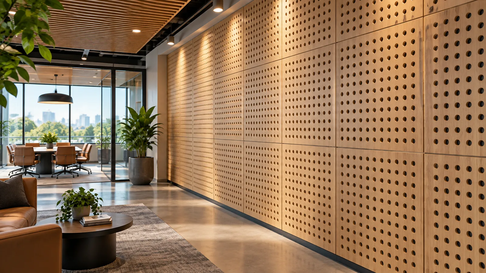 Perforated oak acoustic wall panels covering a conference room wall, hole pattern visible up close