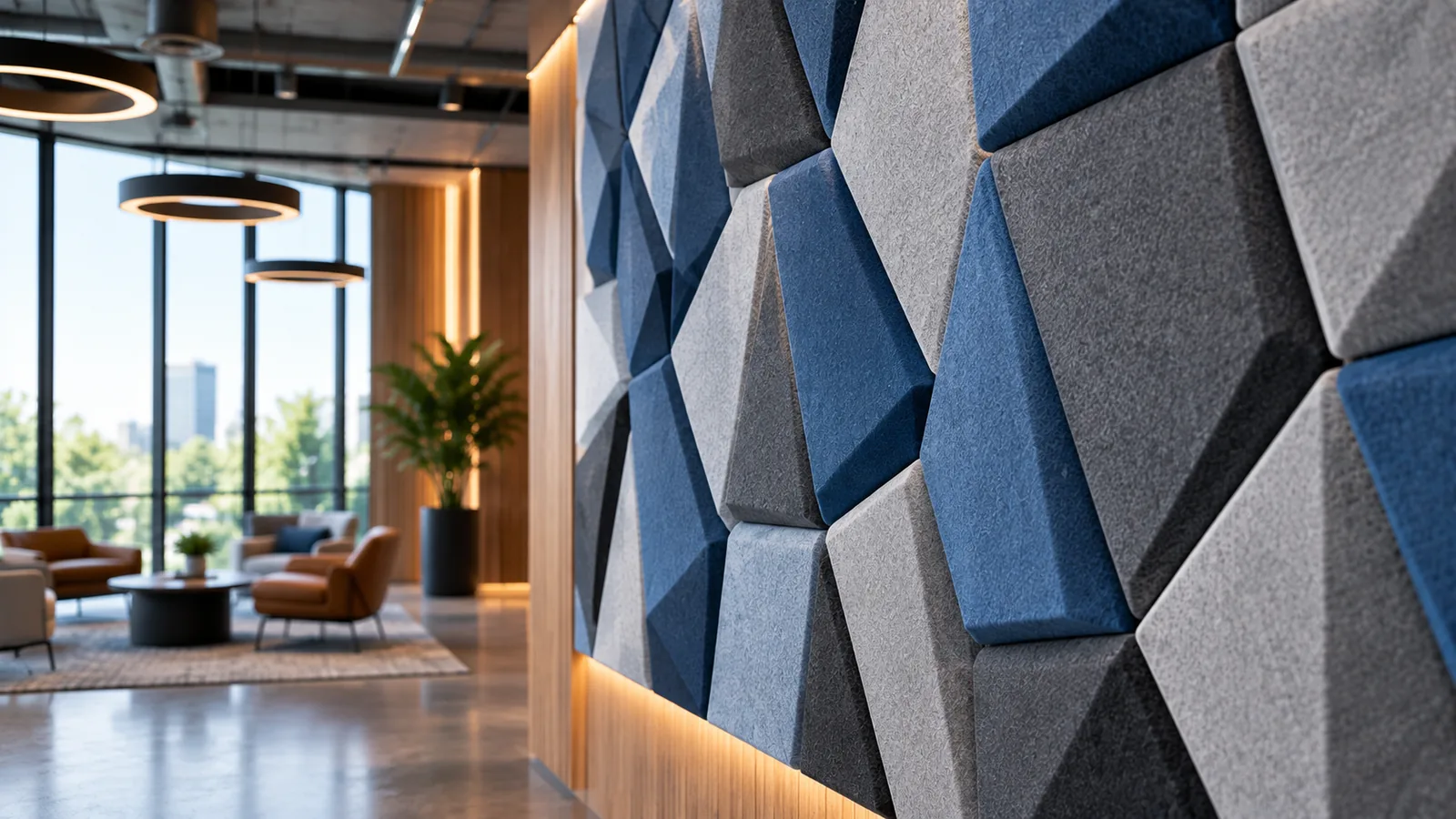Faceted PET felt acoustic wall panels in blue and grey tiling an office lounge wall