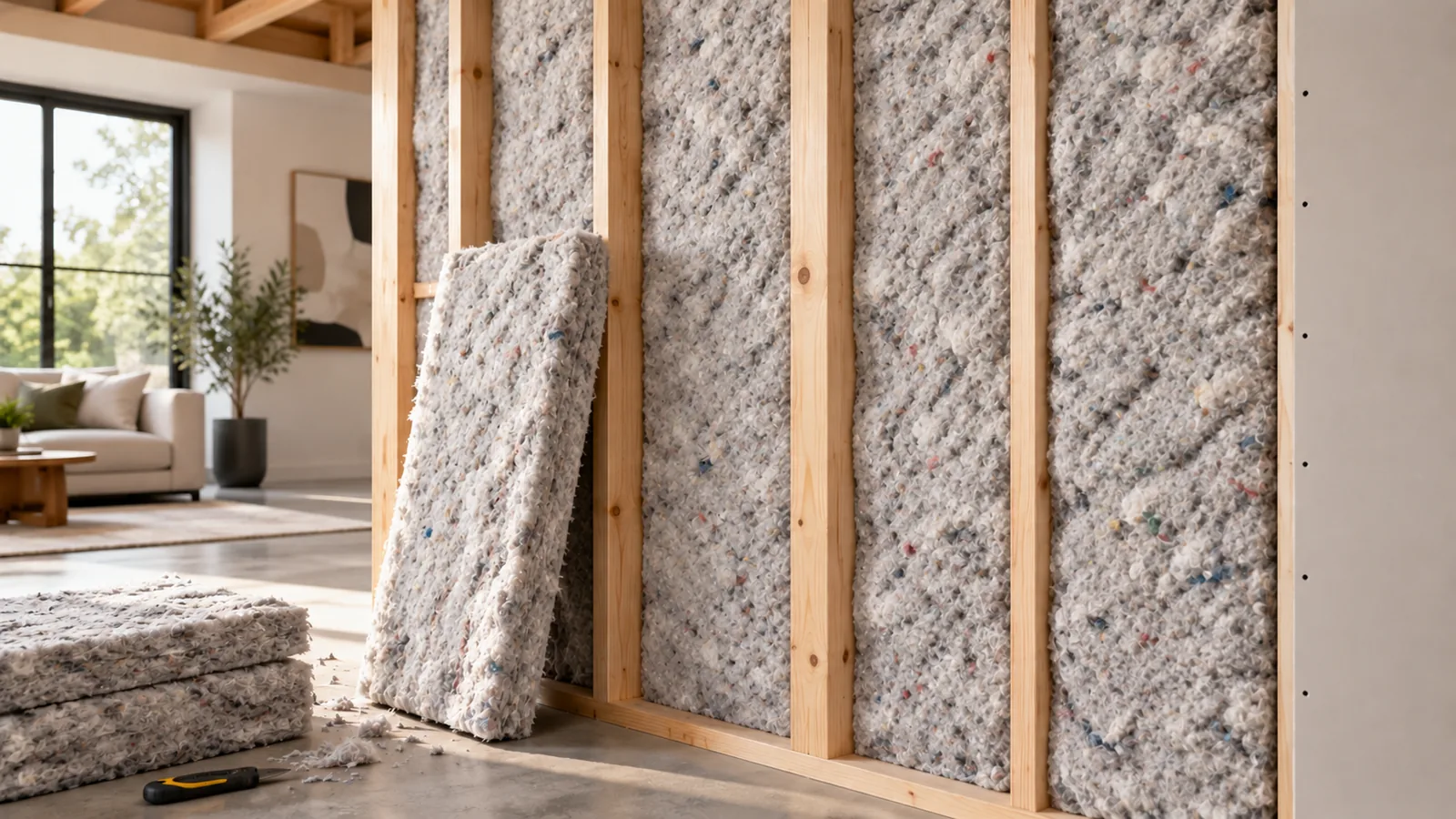Recycled cotton insulation batts friction-fit between wood studs in an open wall, with a spare batt leaning against the framing