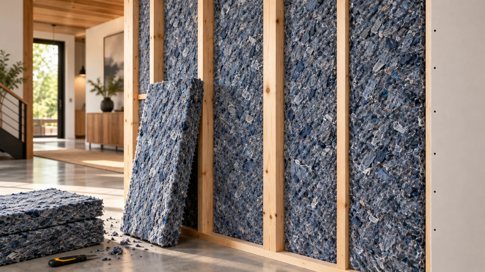 Blue recycled denim insulation batts filling the stud cavities of an interior wall before drywall
