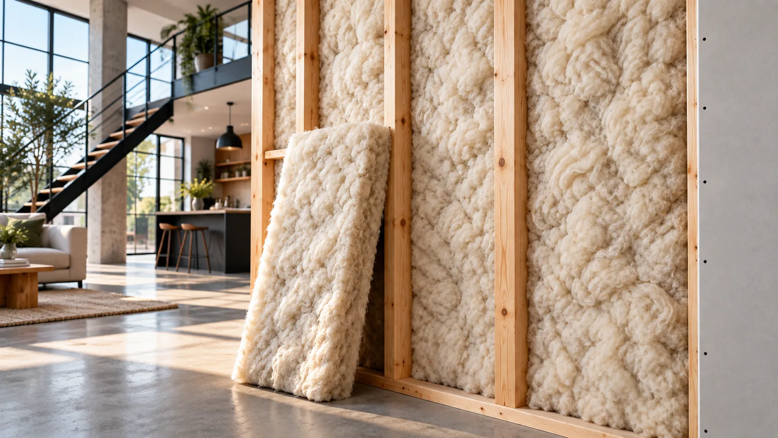 Thick sheep's wool insulation batts packed between wood studs in a stud wall, one batt leaning against the frame