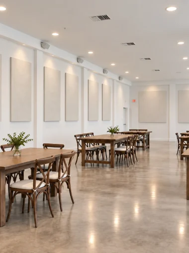 Sound absorbing wall panels in Ambience cream mounted vertically along a white banquet hall wall above long wooden tables