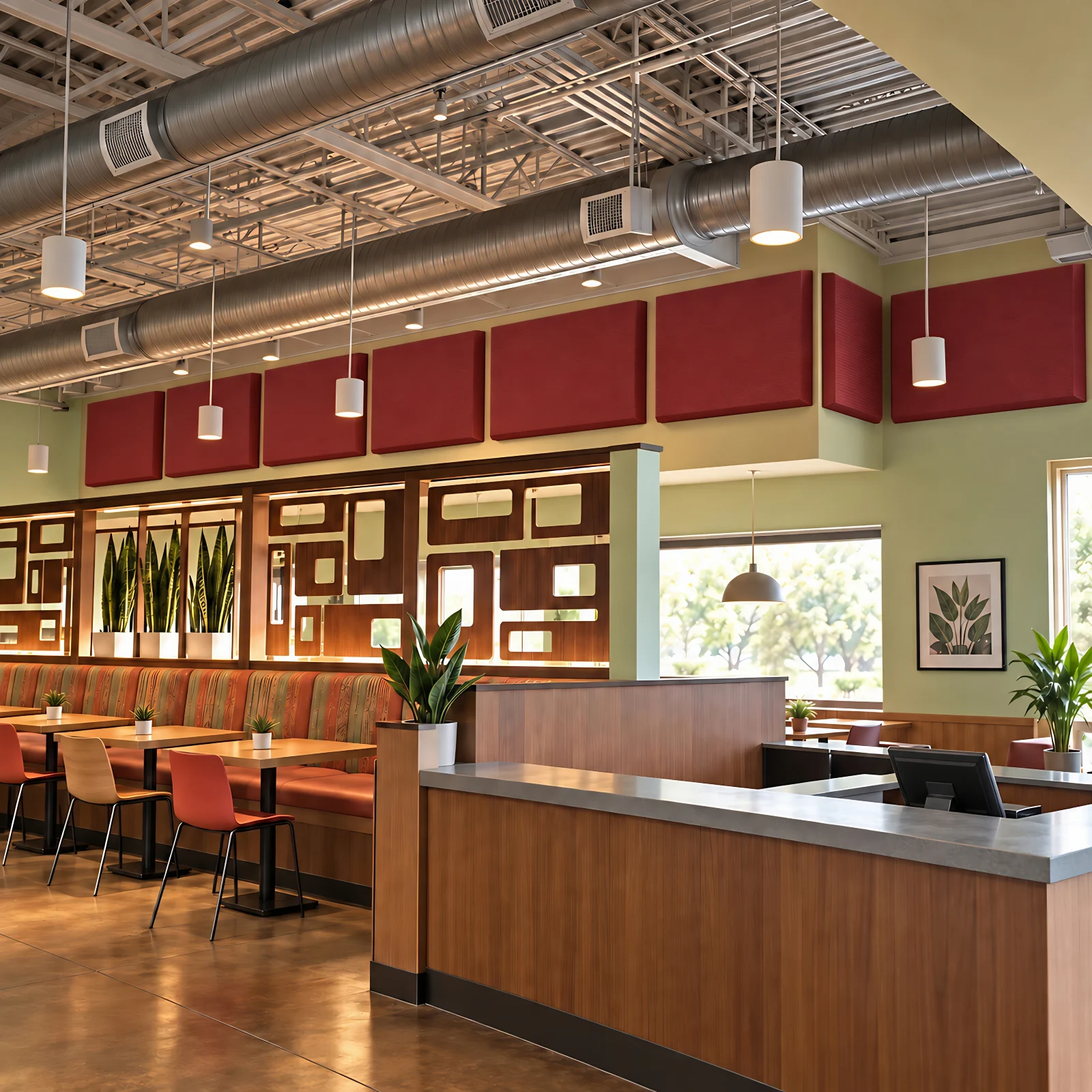 Acoustic wall panels in Chant red in a continuous band high on a cafe wall above booth seating, below an exposed steel deck ceiling with ductwork