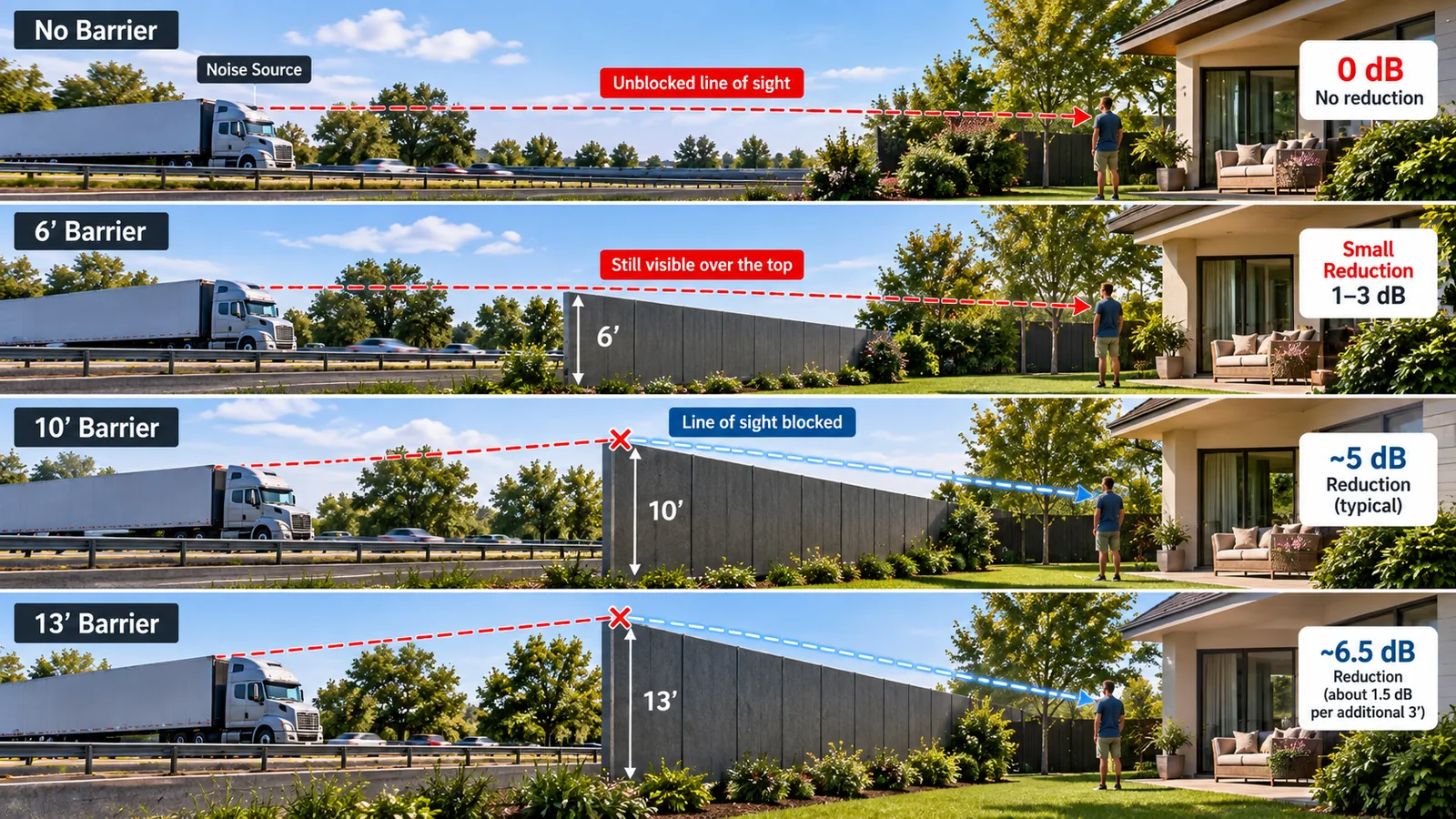 No barrier, a 6 ft, 10 ft and 13 ft sound barrier between a highway truck and a backyard: only the taller barriers block the line of sight, with about 5 to 6.5 dB of noise reduction