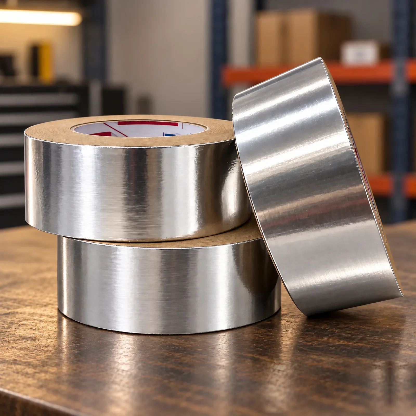 Three rolls of aluminum foil MLV tape stacked on a wood counter