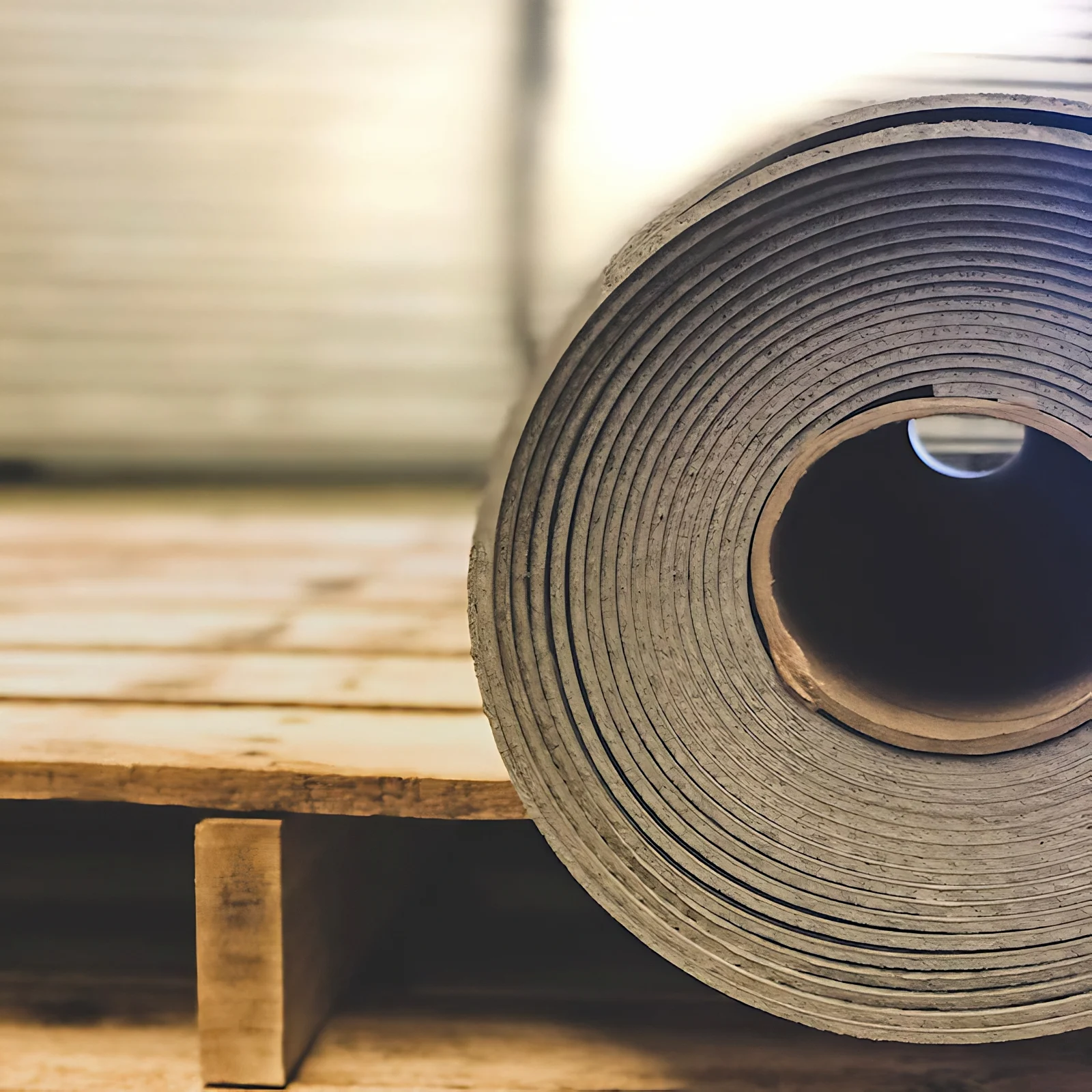 End of a 1 lb per square foot Wall Blokker EVA membrane roll resting on a wooden pallet