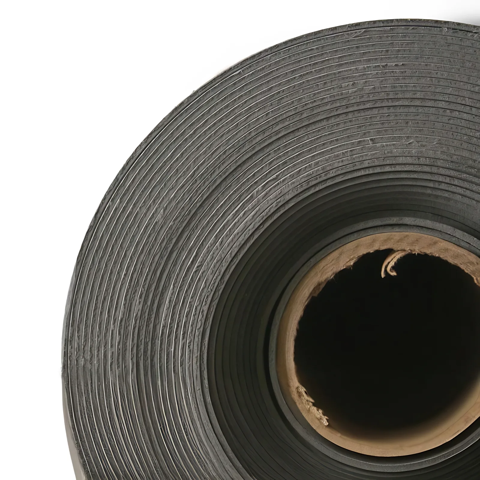 End of a Wall Blokker Lite mass loaded vinyl roll showing the thin 1/16 inch layers wound on a cardboard core