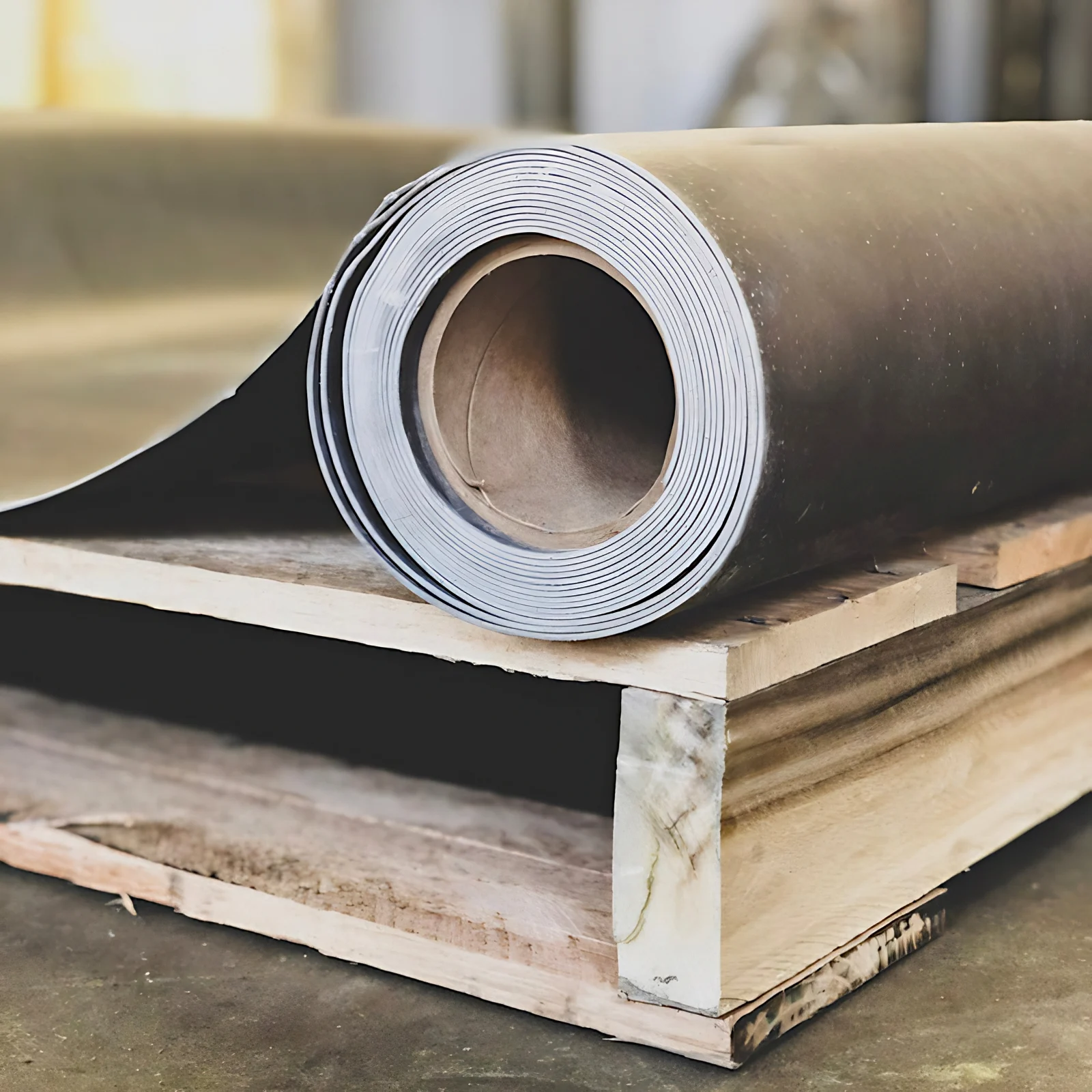 Roll of Wall Blokker mass loaded vinyl on pallet blocking with the sheet partly unrolled