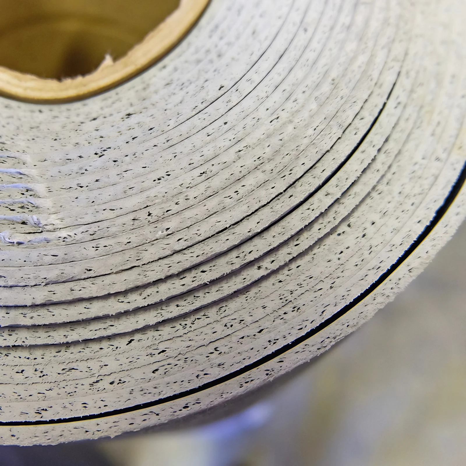 Close-up of Wall Blokker mass loaded vinyl showing the dense speckled sheet coiled in layers