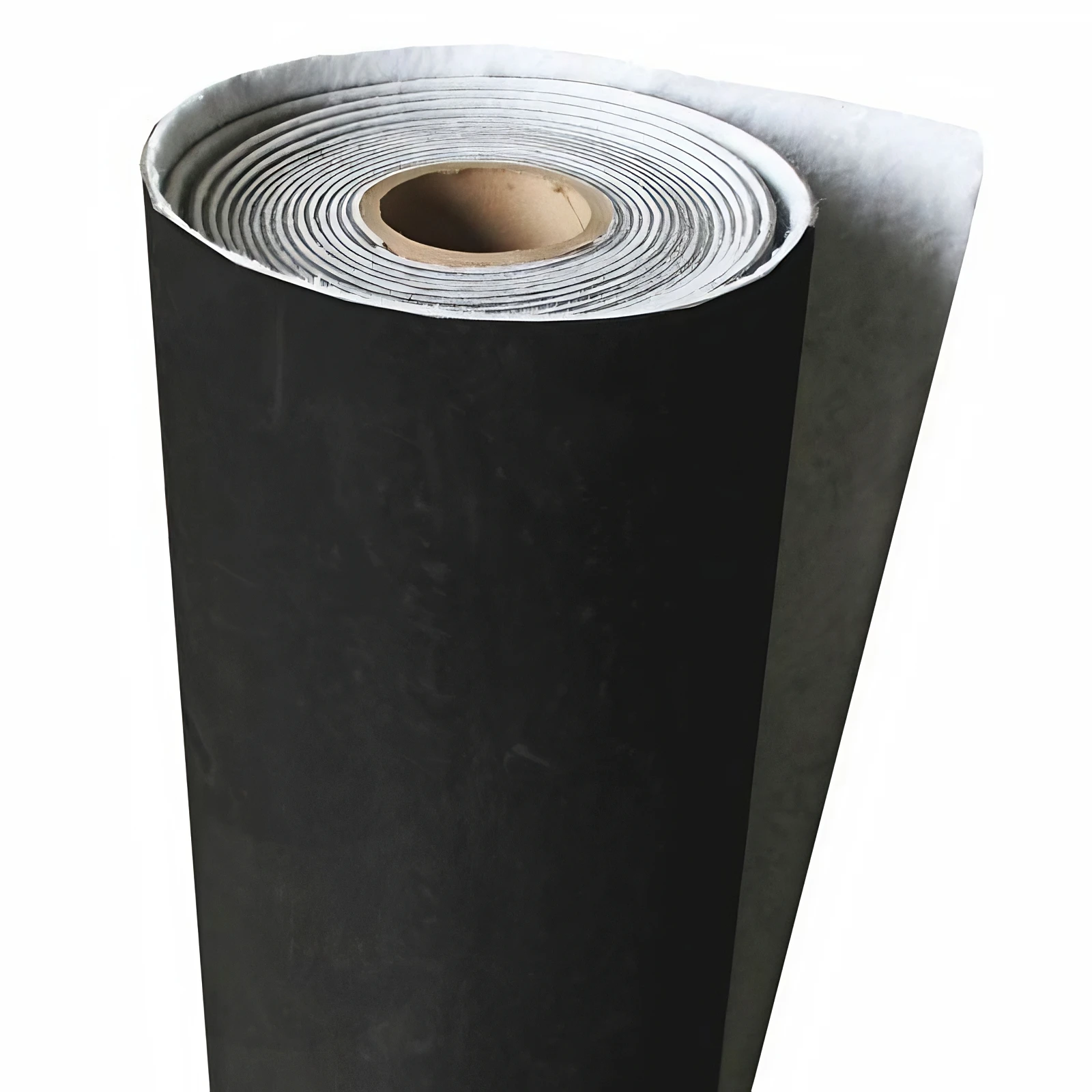 Standing roll of Wall Blokker Pro sound barrier, black vinyl face with the scrim backing behind