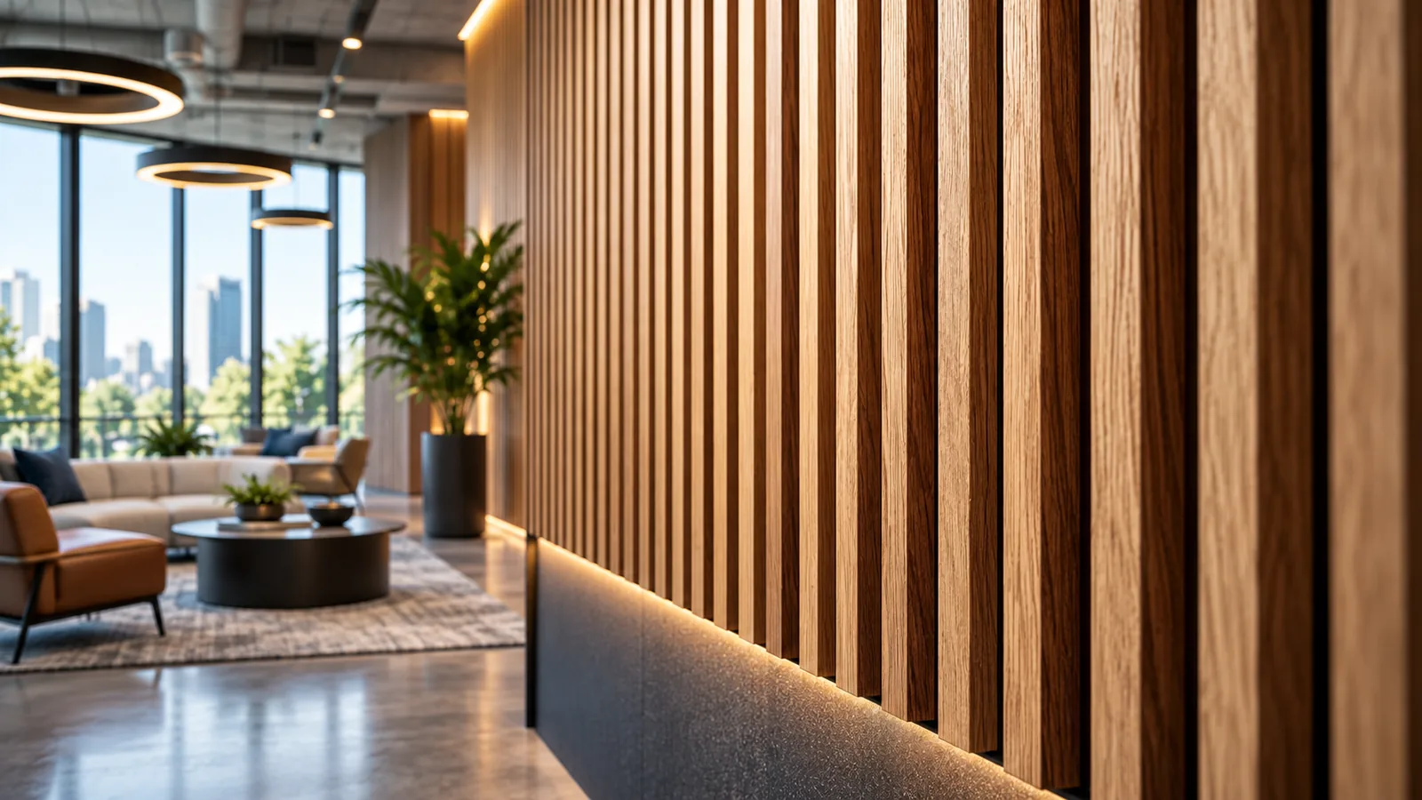Vertical wood slat acoustic panels on a backlit office lounge wall, felt backing visible between the slats