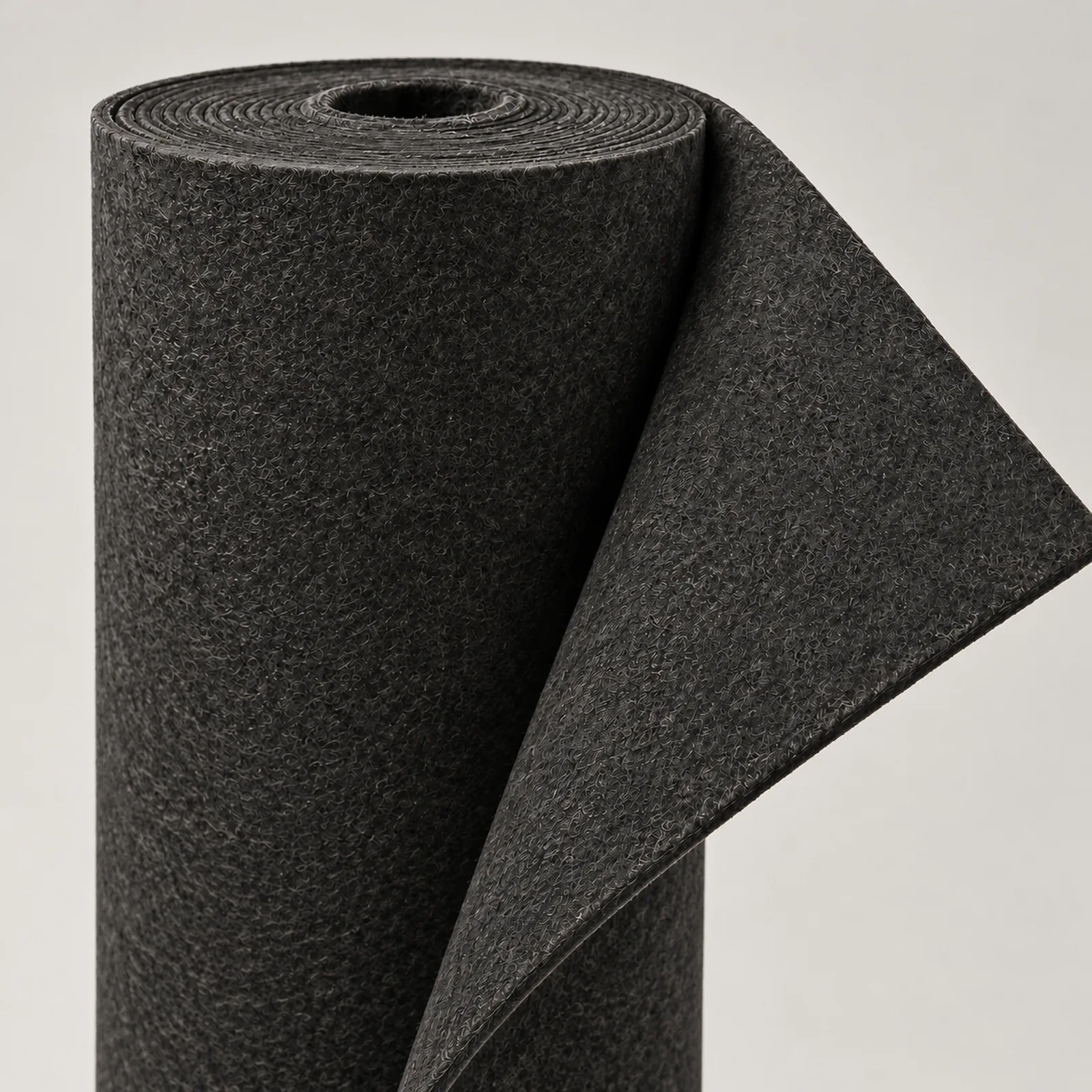 Roll of charcoal Floor Blokker Lite acoustic felt underlayment standing upright with the end peeled back