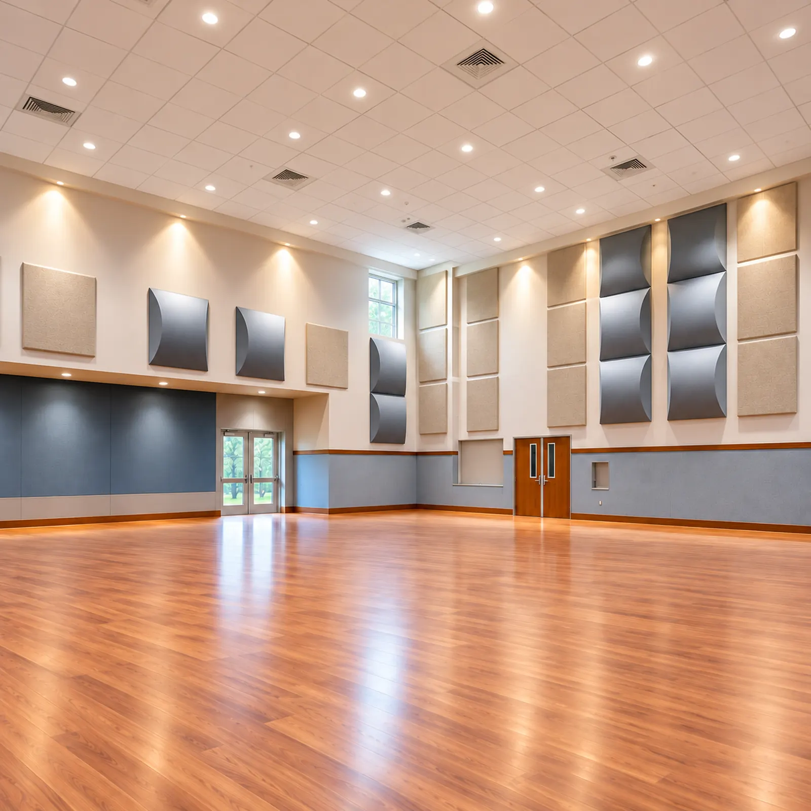 Assembly hall with Wedgewood FR701 barrel diffusers alternating with flat acoustic panels on the high walls