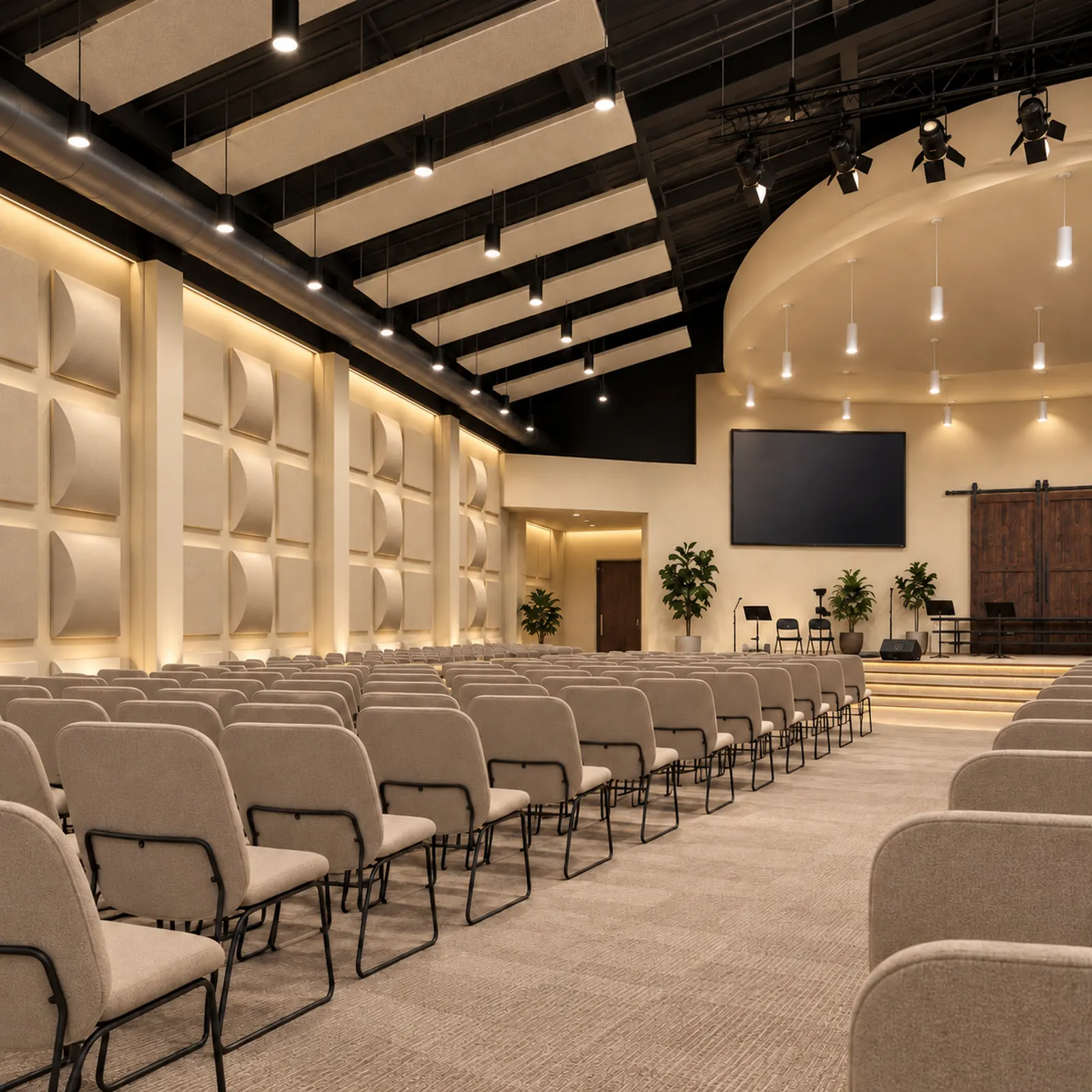 Auditorium with Wheat FR701 barrel diffusers stacked on the side walls beside rows of seats