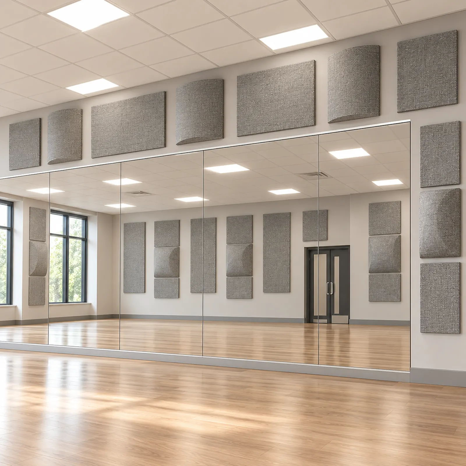 Dance studio with Grey Mix FR701 barrel diffusers and acoustic panels on the walls above the mirrors