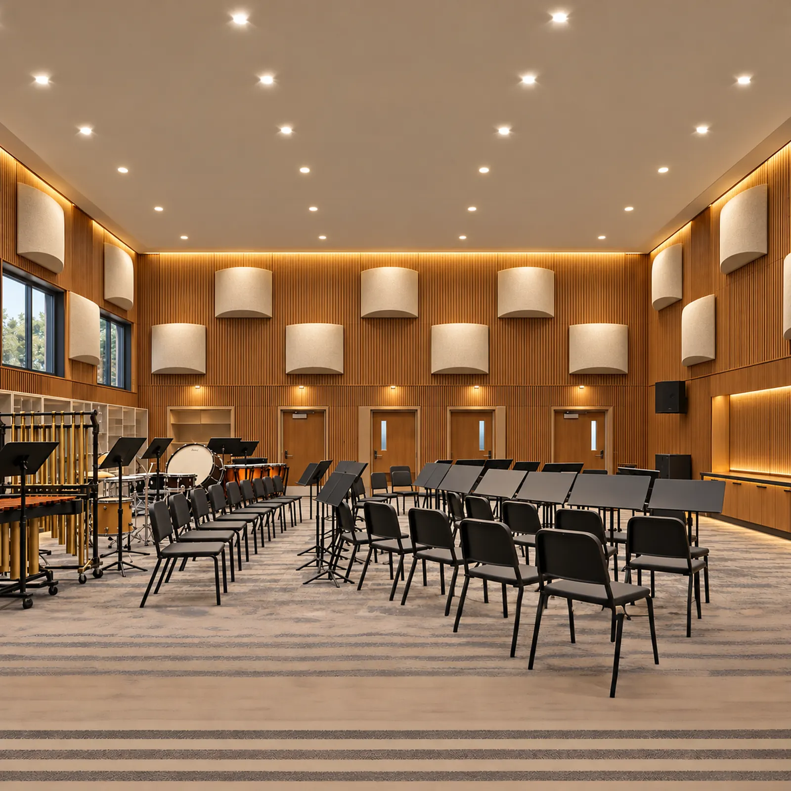 Music rehearsal hall with Bone FR701 barrel diffusers mounted high on wood slat walls above the band chairs