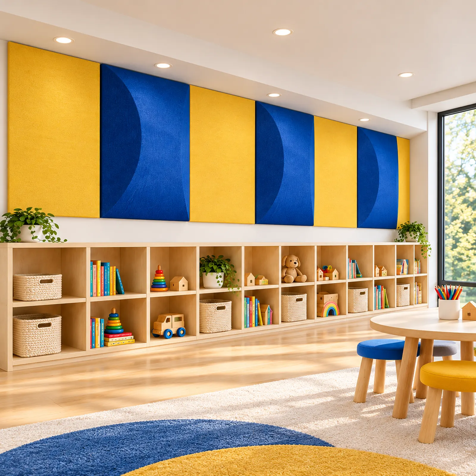 Playroom wall with alternating Sapphire and Yellow FR701 barrel diffuser panels above a toy shelf