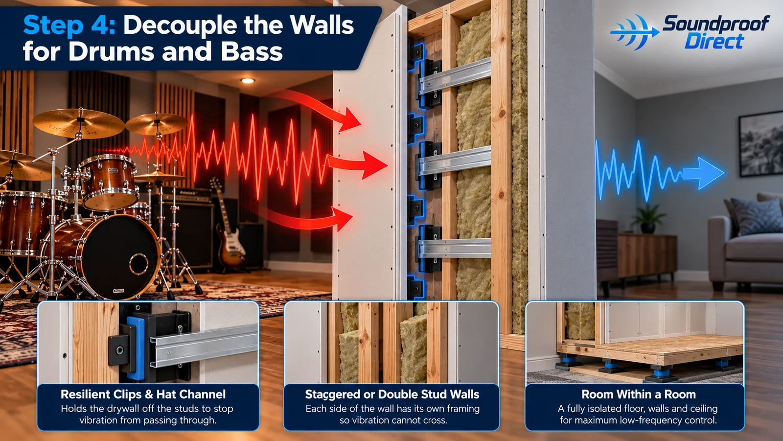Decoupled music room wall with resilient clips and hat channel, staggered studs and a room-within-a-room floor to block drum and bass vibration