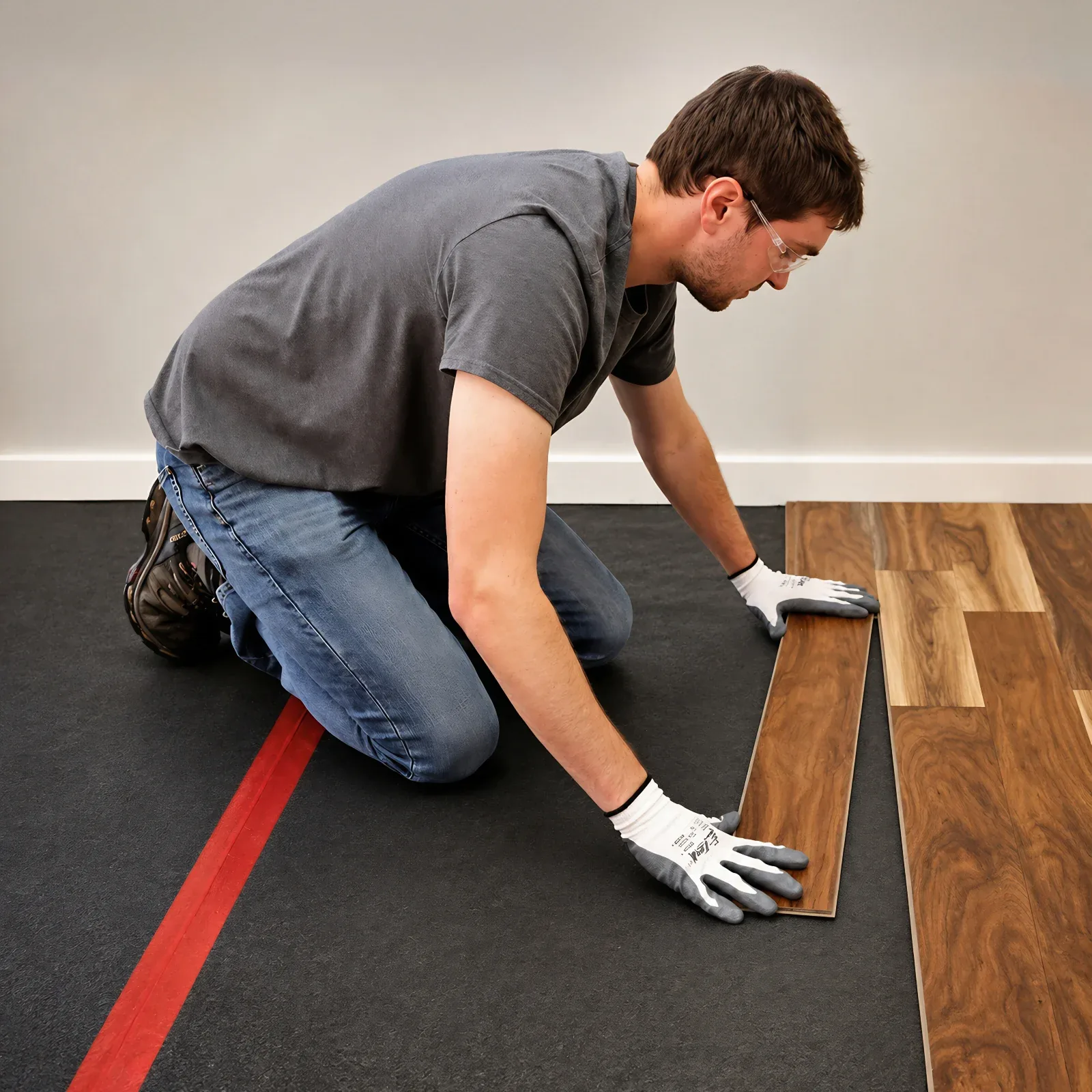 Installer laying laminate planks over Floor Blokker Lite felt underlayment with a taped seam
