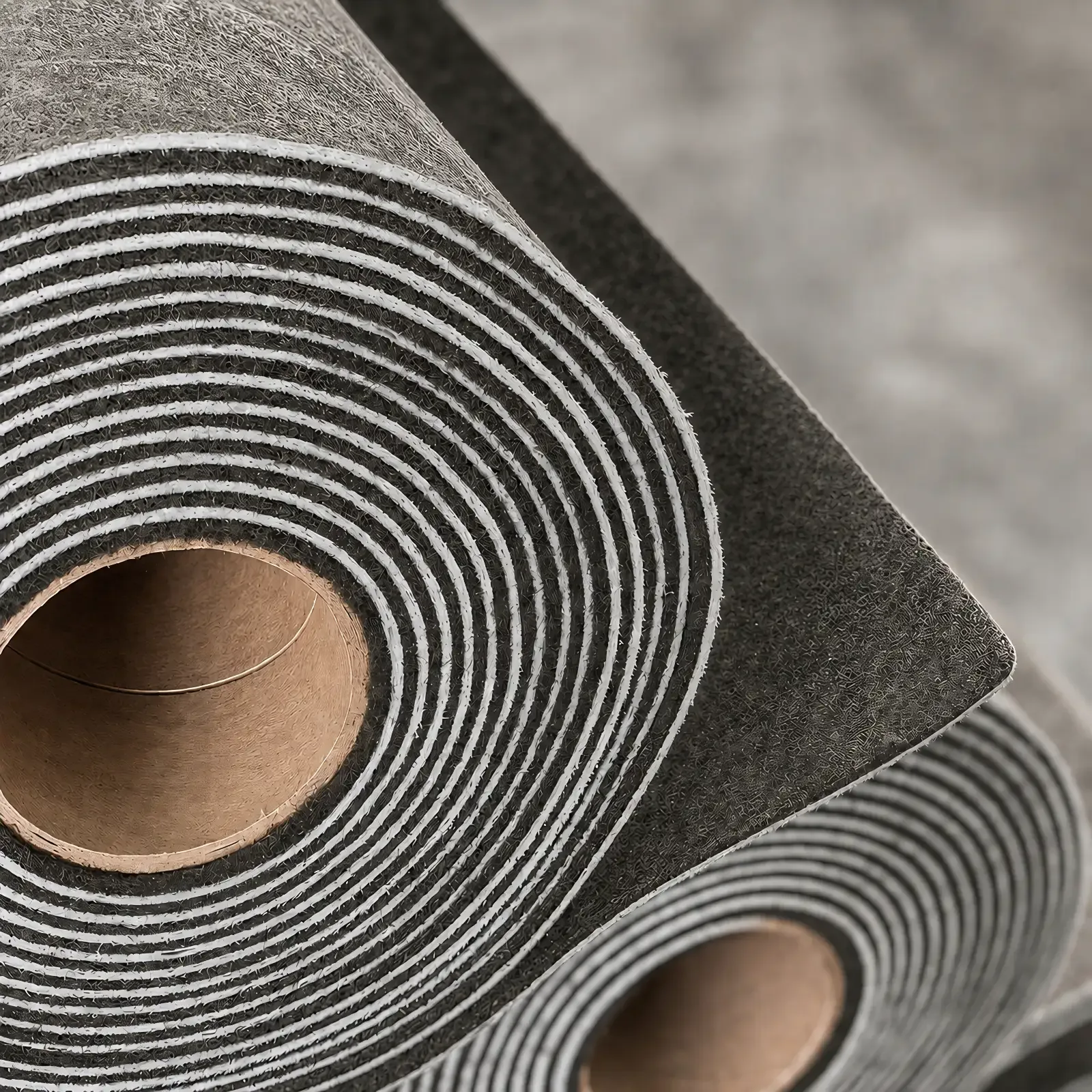 Close-up of a Floor Blokker roll on a cardboard core showing the layered mass loaded vinyl and scrim edge