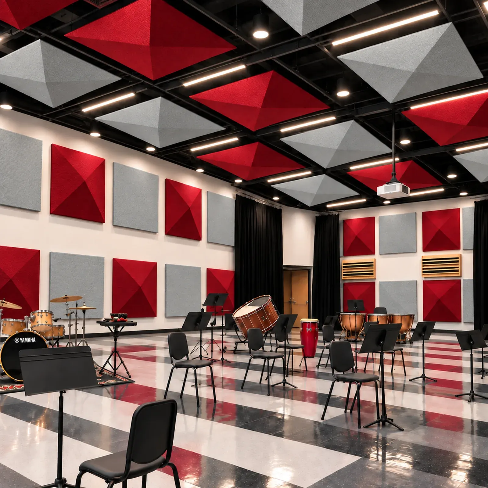 Band room with Cardinal and Verte Papier FR701 pyramid diffusers on the ceiling and walls
