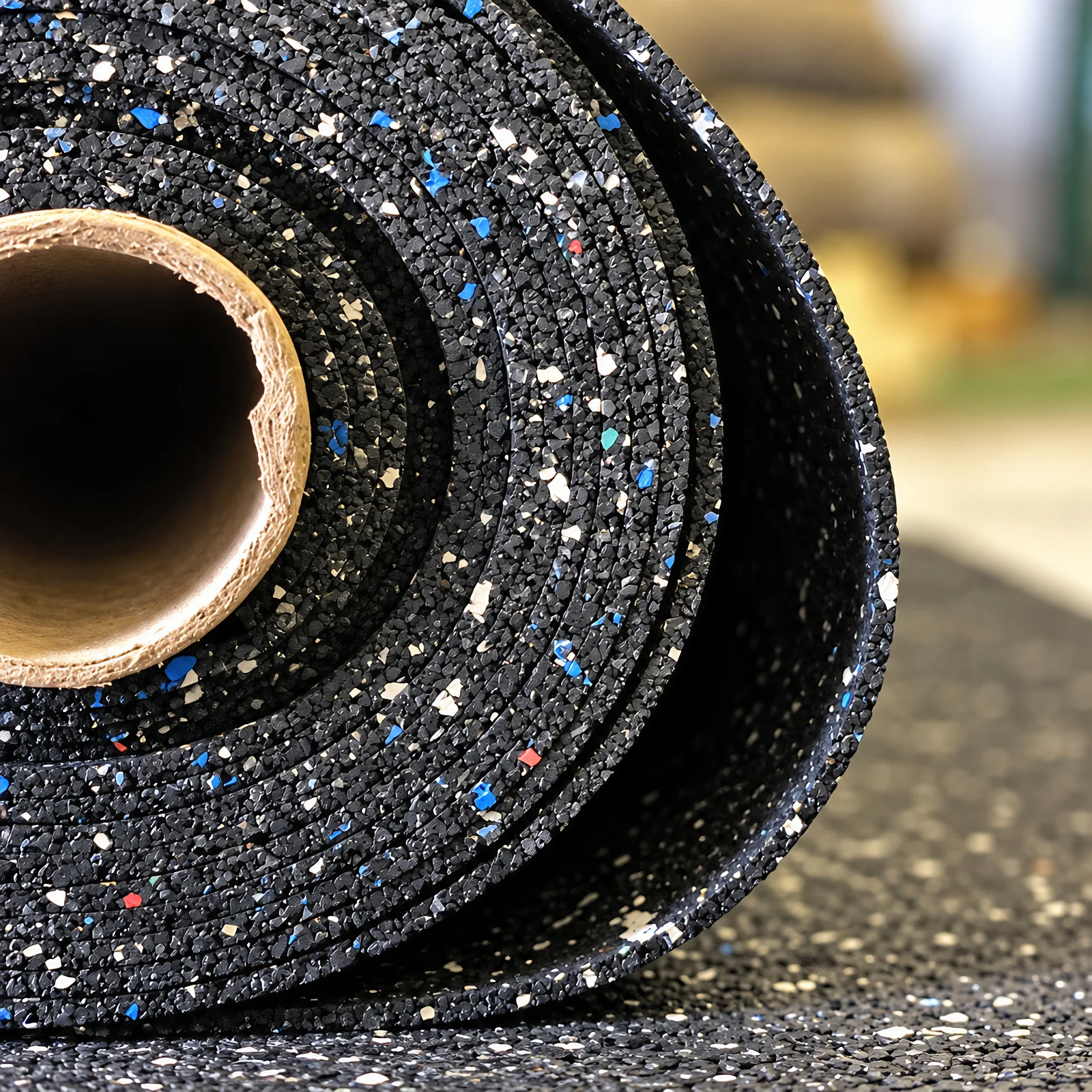 Close-up of a rolled AcoustiStep recycled rubber acoustic underlayment showing the crumb rubber texture