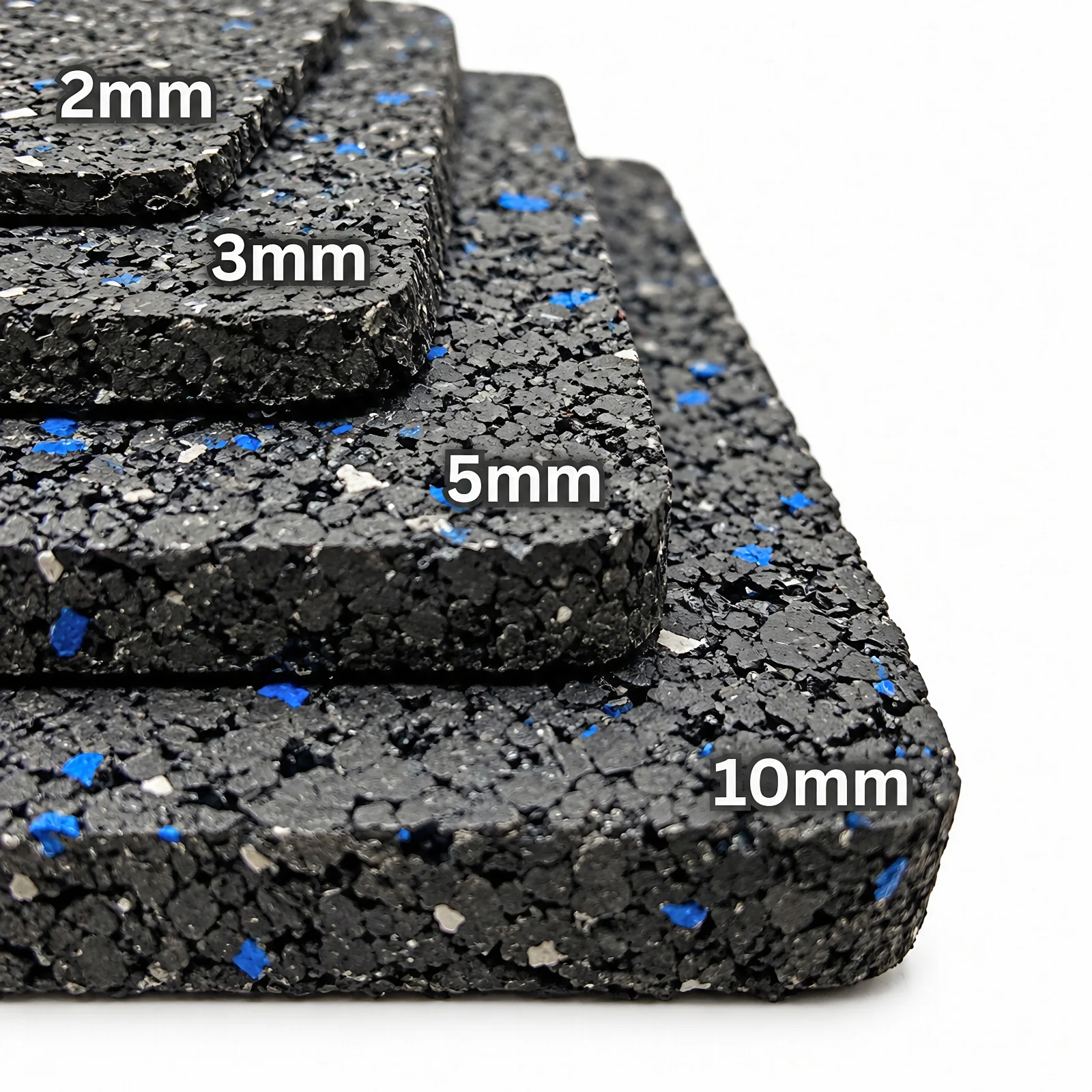 AcoustiStep rubber sound mat samples stacked in 2mm, 3mm, 5mm and 10mm thicknesses