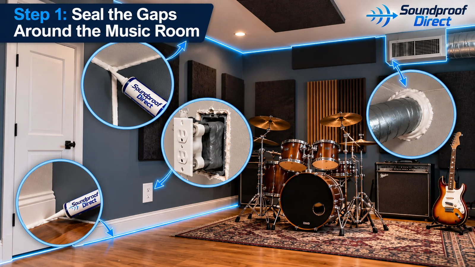 Music room with acoustical caulk sealing gaps along the baseboard, wall corners, outlet box and HVAC duct to stop sound leaks
