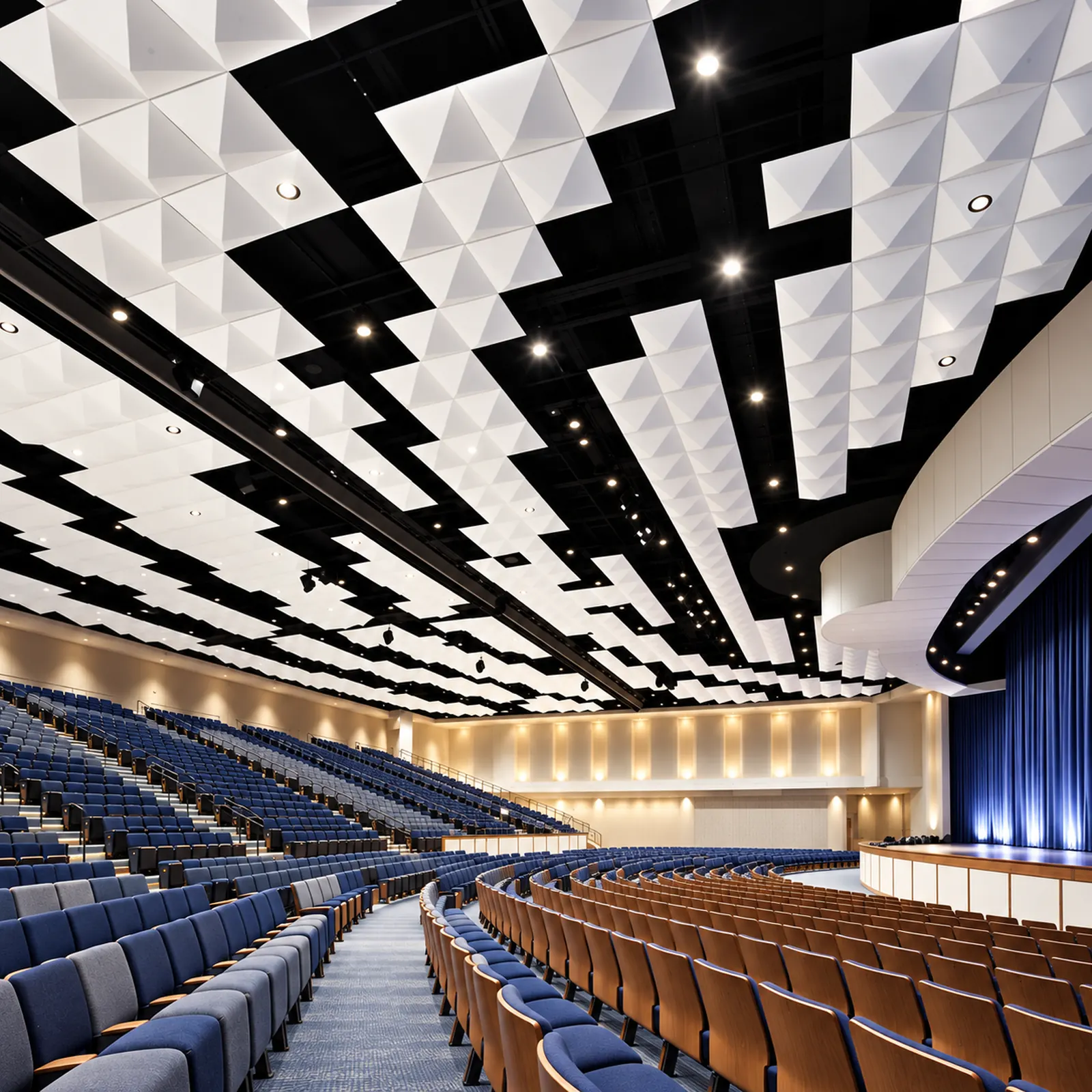 Auditorium ceiling covered in White FR701 pyramidal diffusers above rows of blue seats